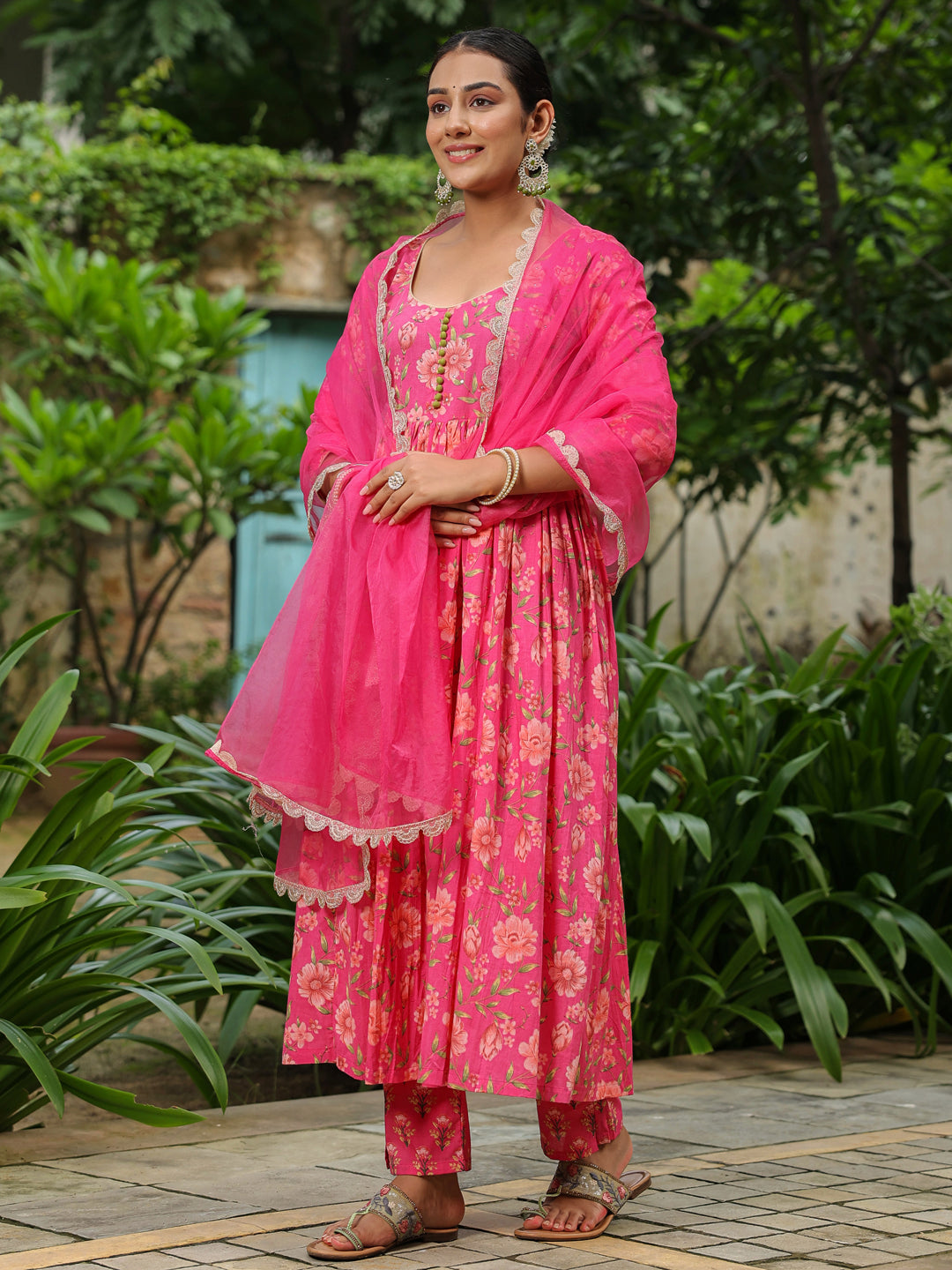 Pink Printed Anarkali Suit Set