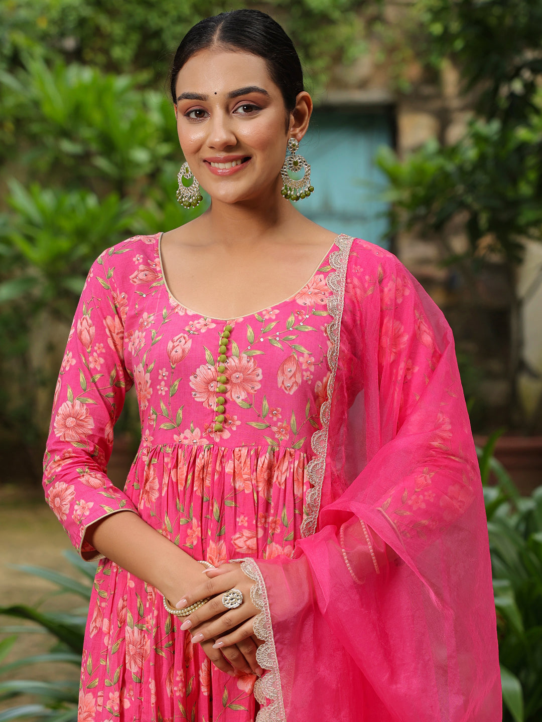 Pink Printed Anarkali Suit Set