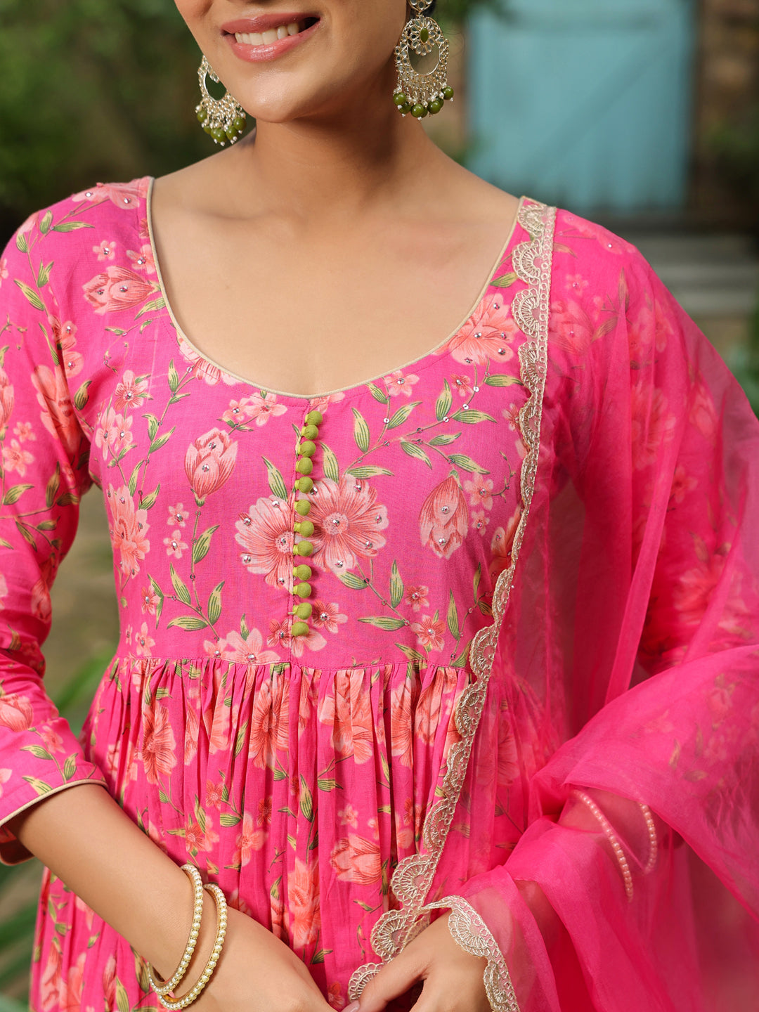 Pink Printed Anarkali Suit Set