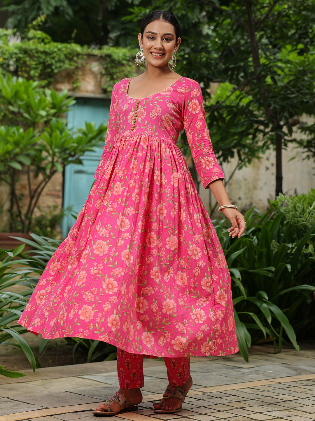 Pink Printed Anarkali Suit Set