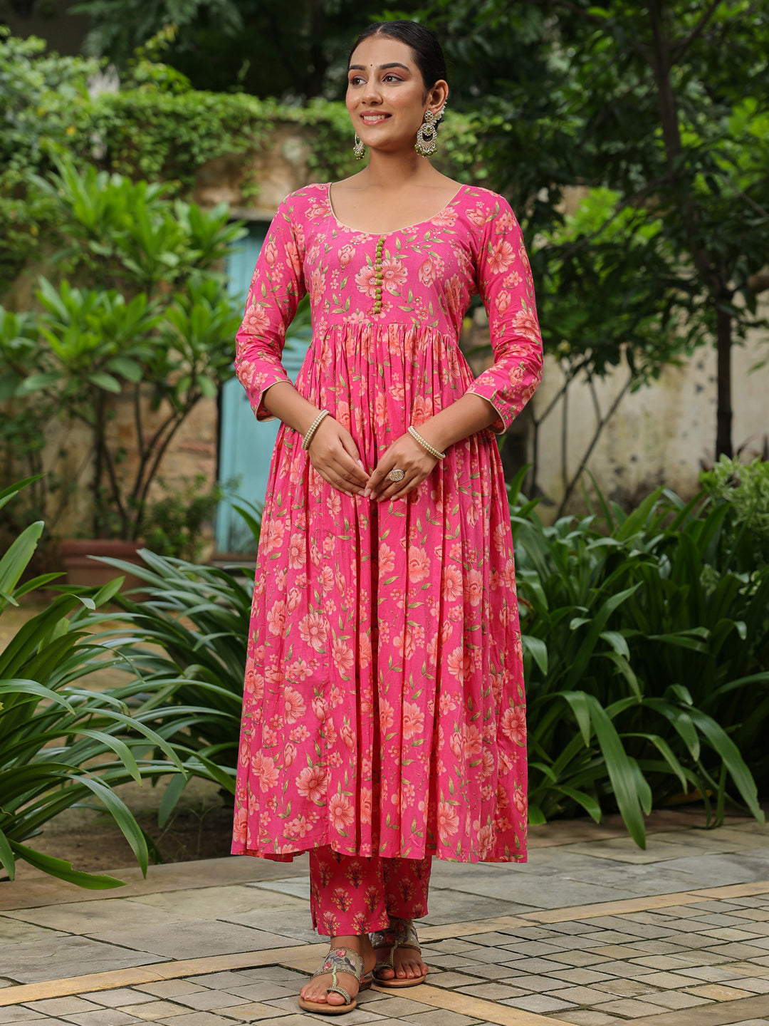 Pink Printed Anarkali Suit Set