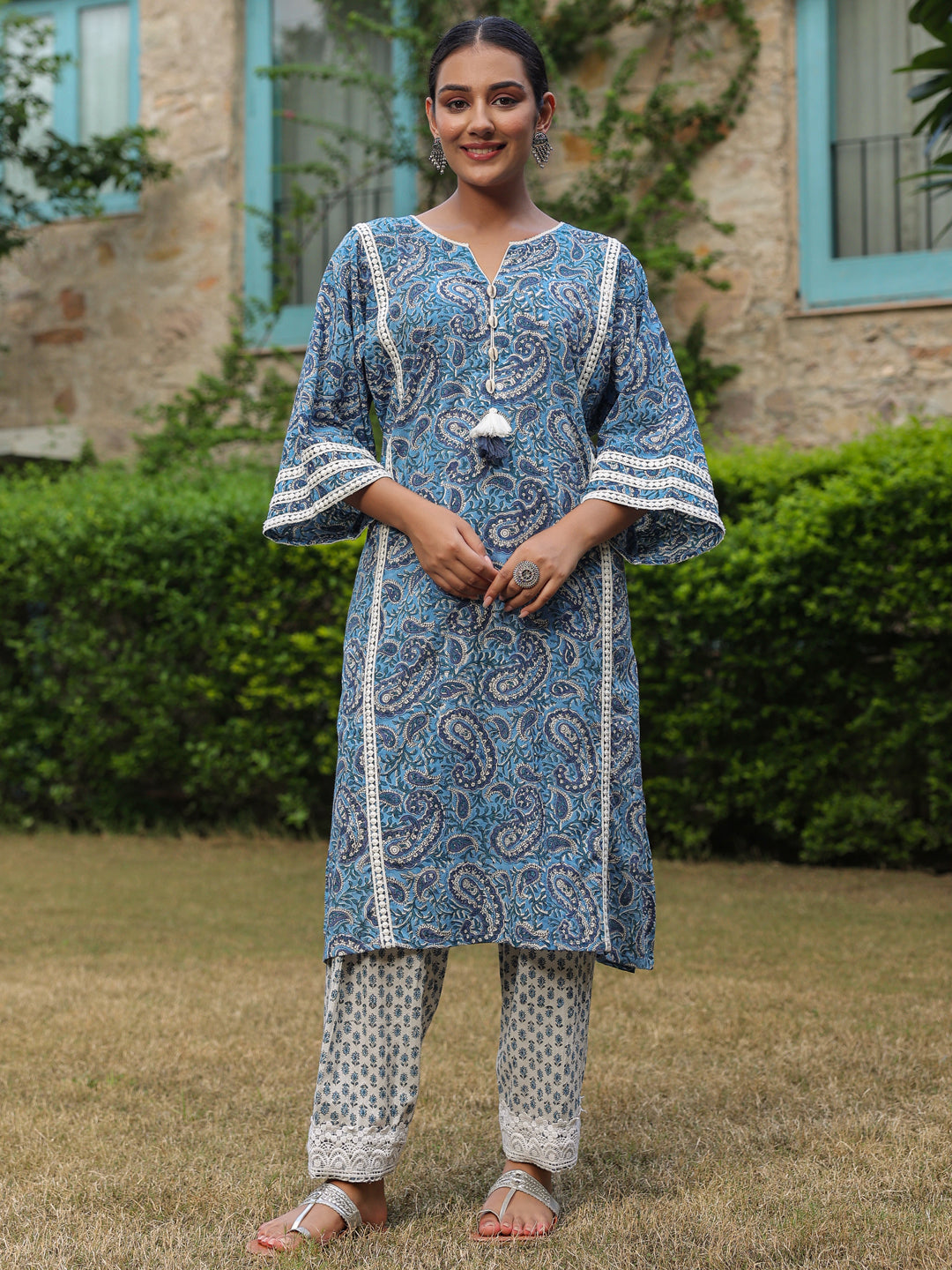 Paisley Blue Printed Afghani Chogha