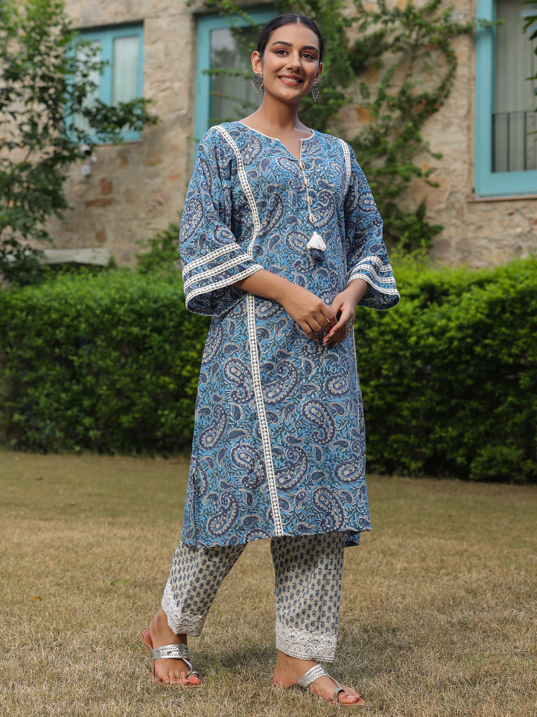 Paisley Blue Printed Afghani Chogha