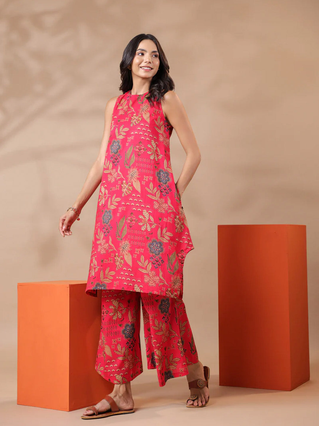 Pink Printed Sleeveless Cotton Kurta & Pants Set