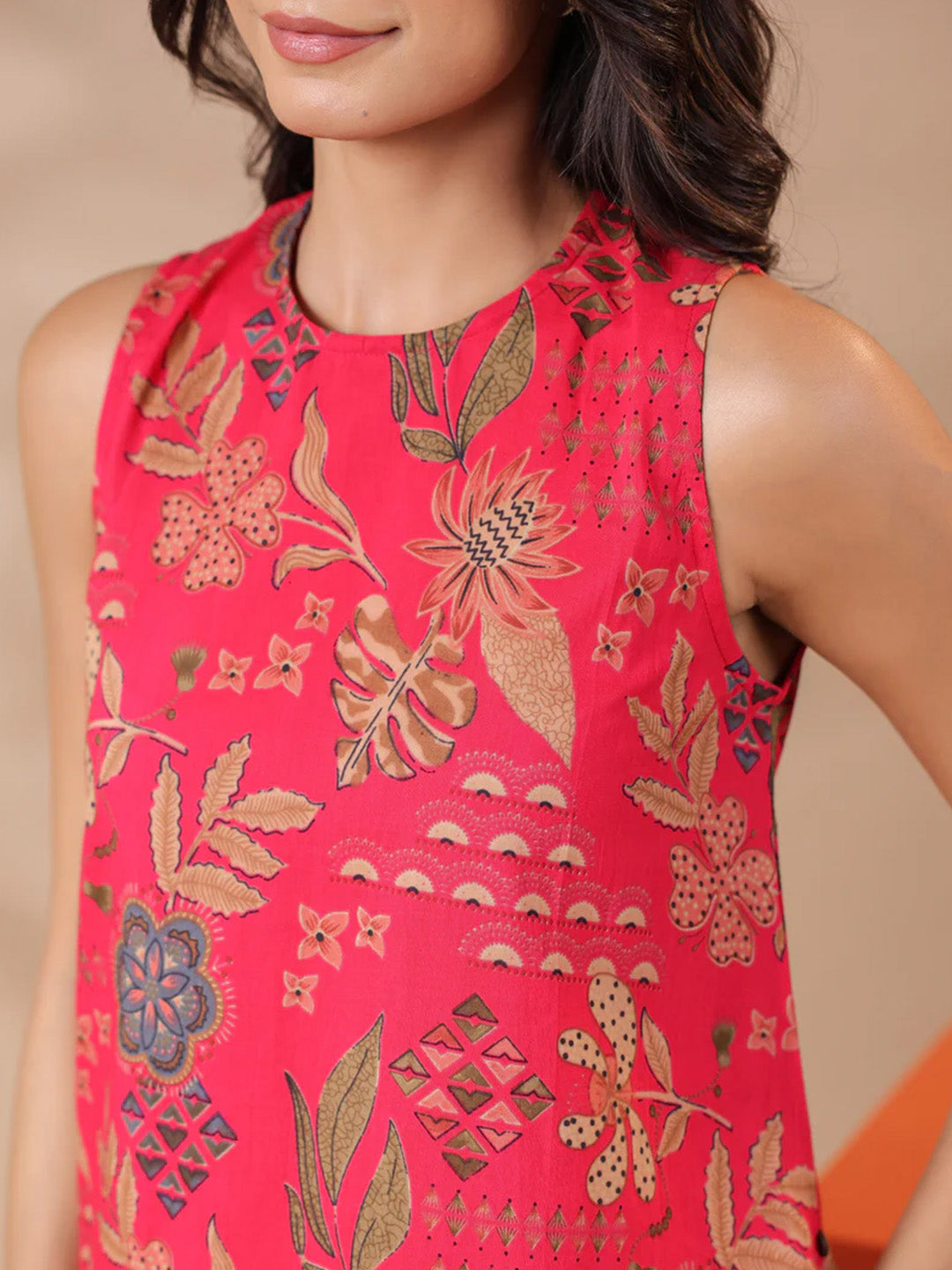 Pink Printed Sleeveless Cotton Kurta & Pants Set