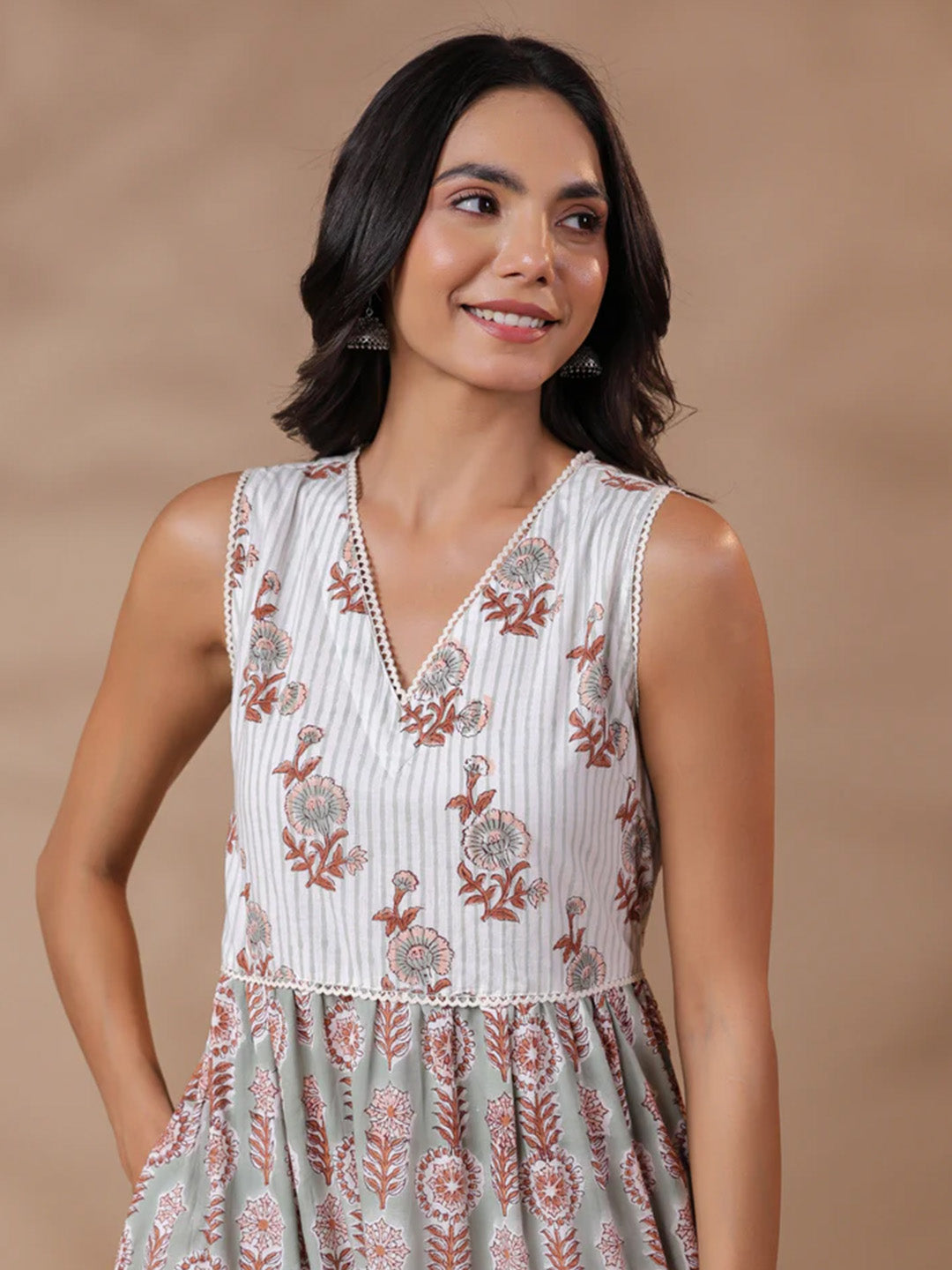 V-neck Handblock Printed Dress