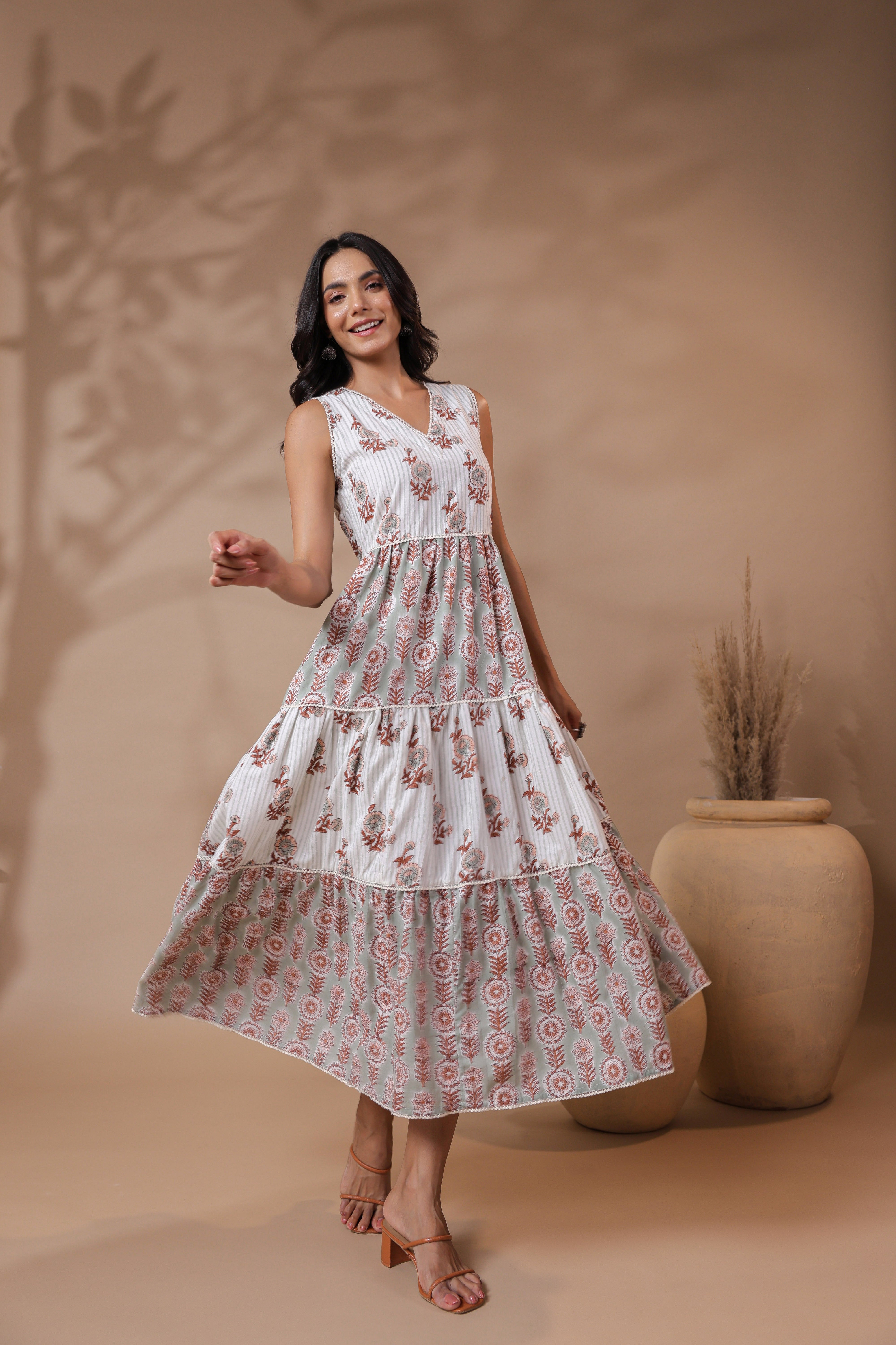 V-neck Handblock Printed Dress