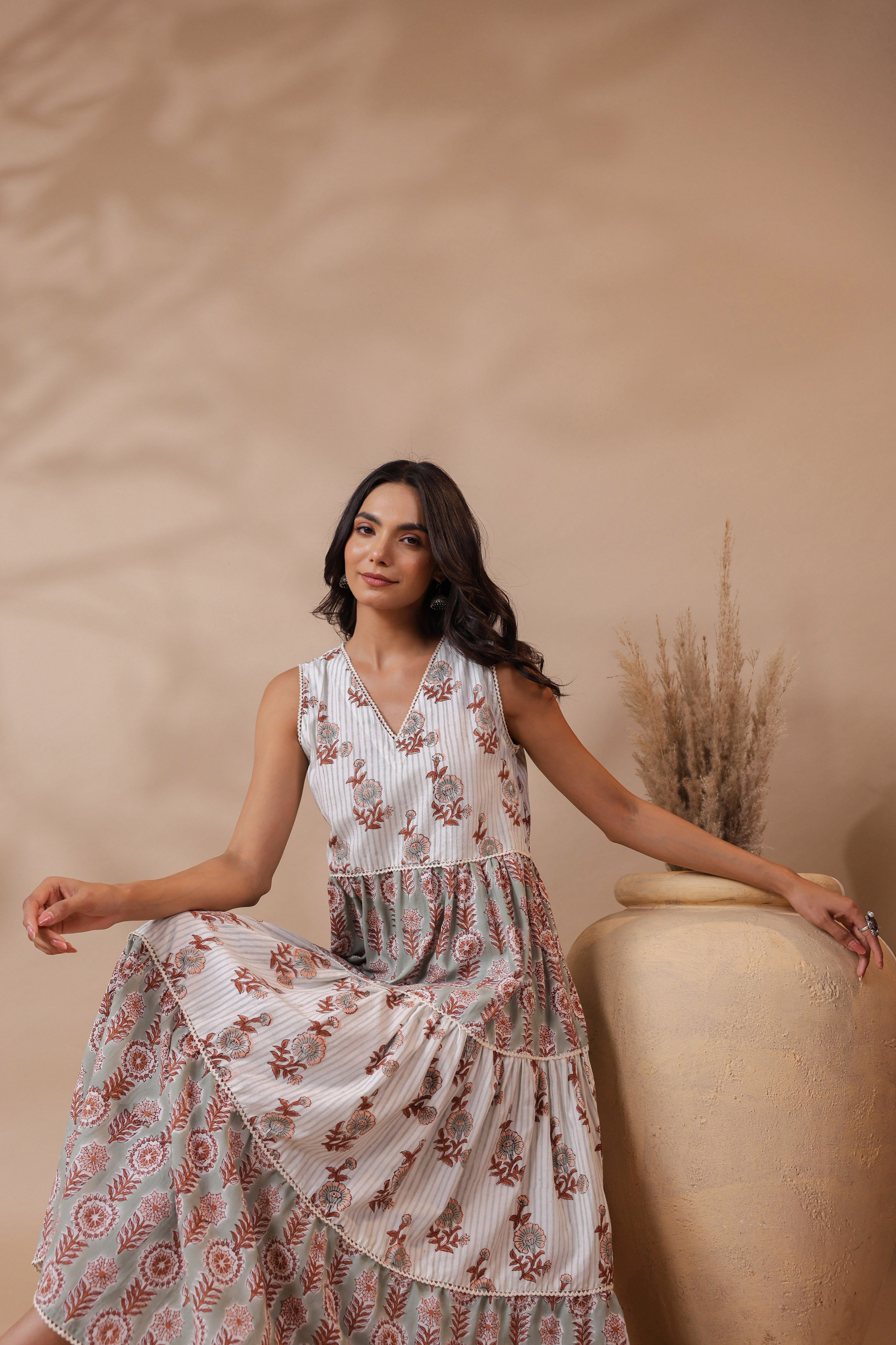 V-neck Handblock Printed Dress