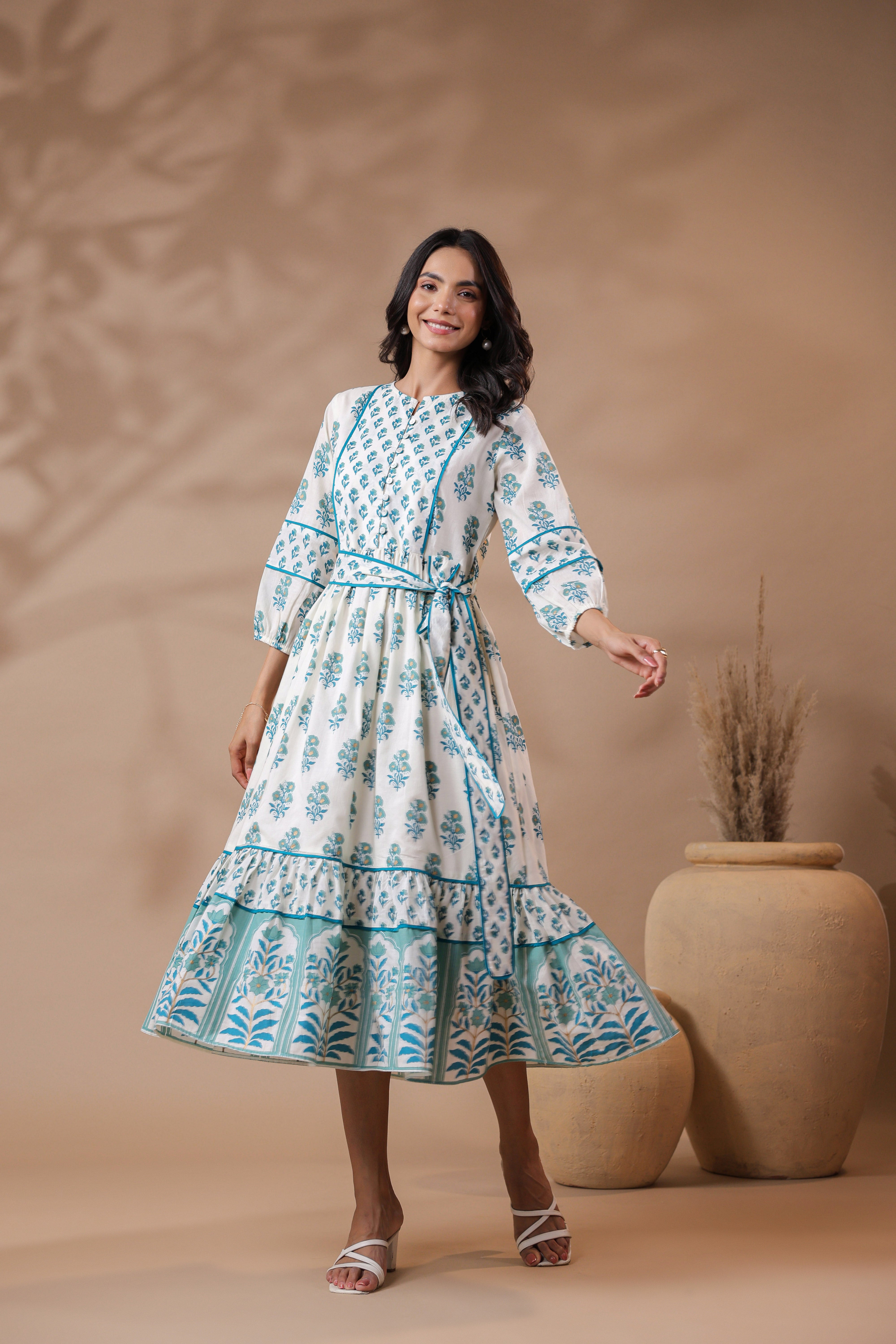 White Printed Cotton Maxi Dress with Lining
