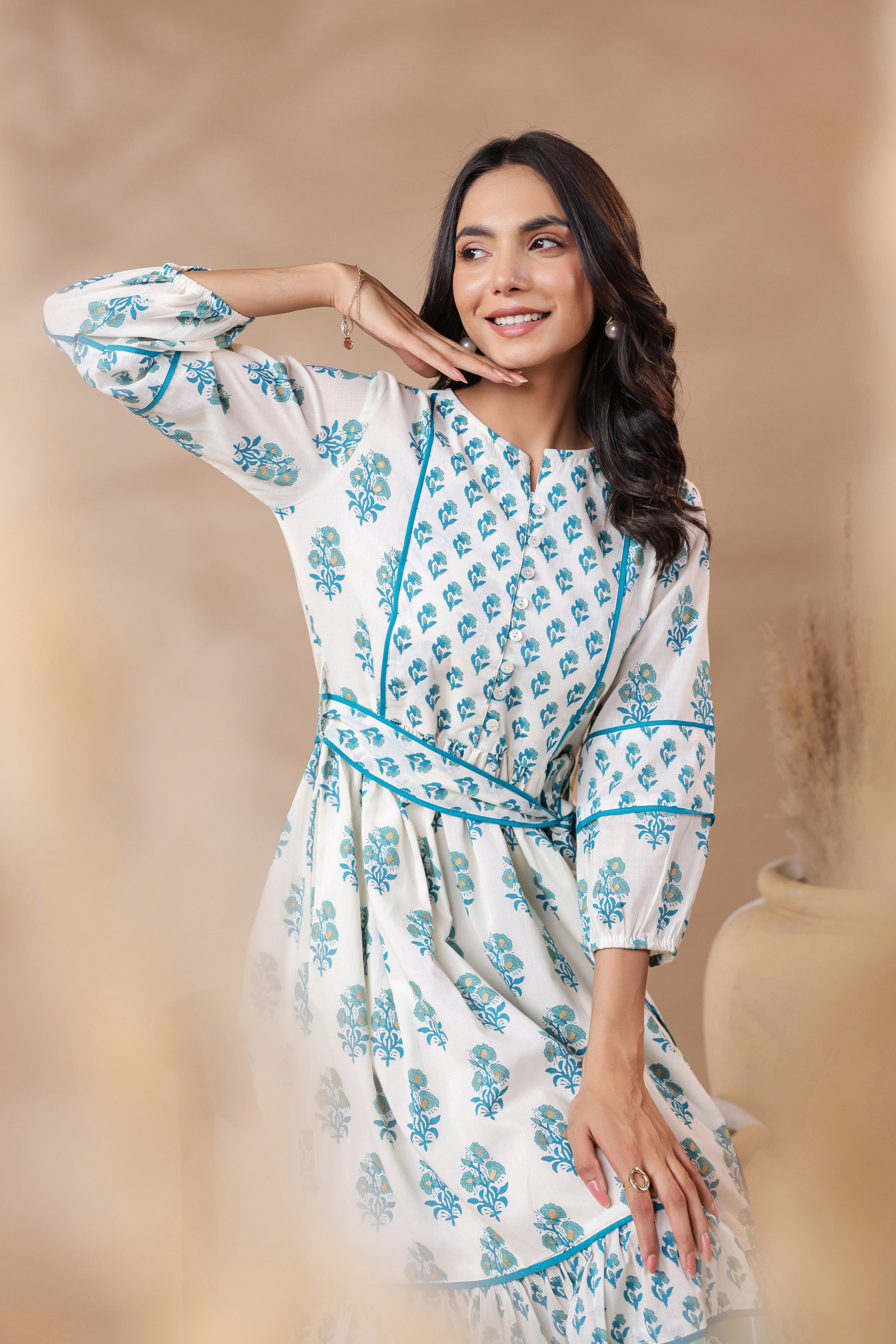 White Printed Cotton Maxi Dress with Lining
