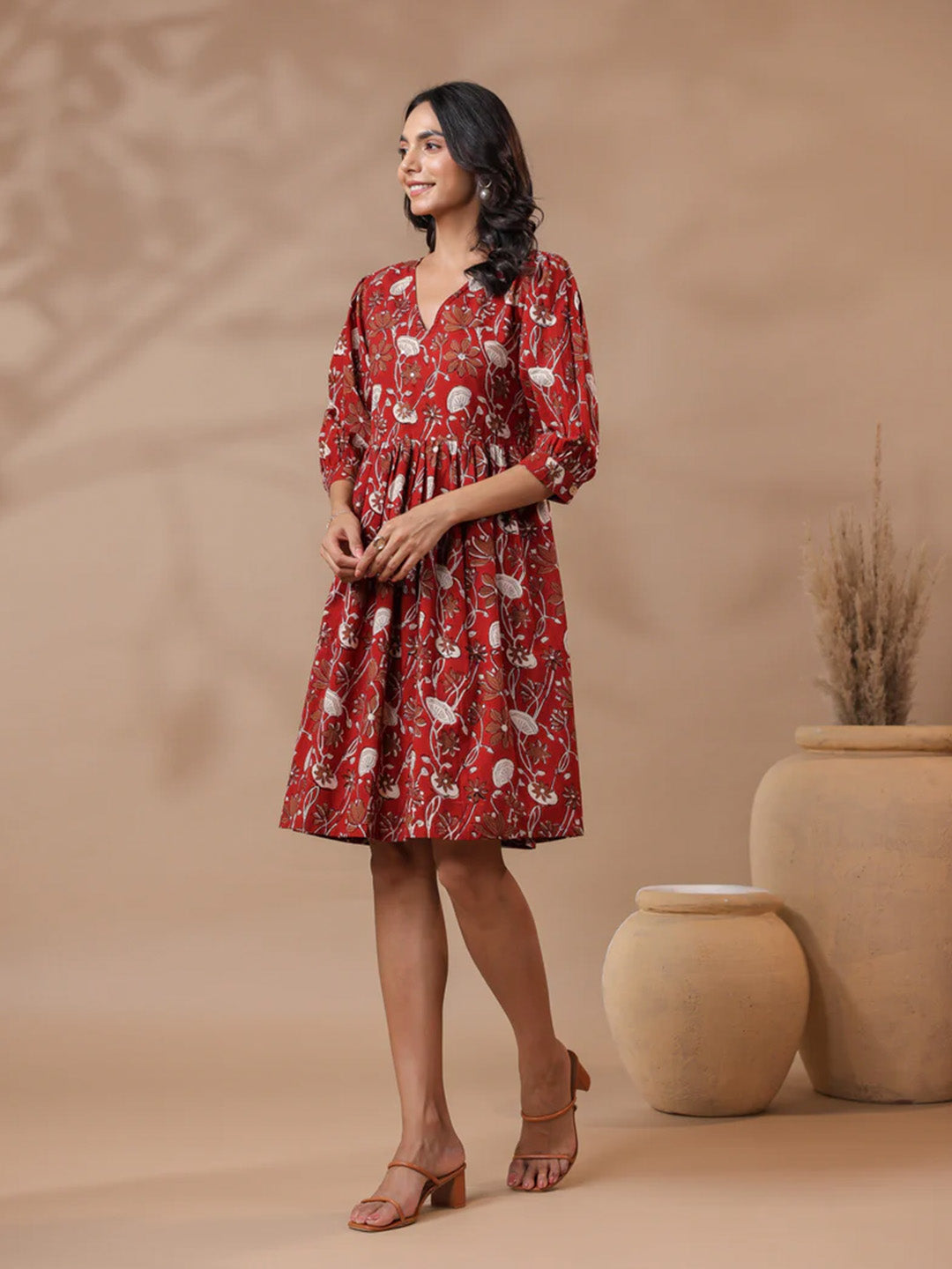 Bagru Printed V-Neck Printed Midi Dress