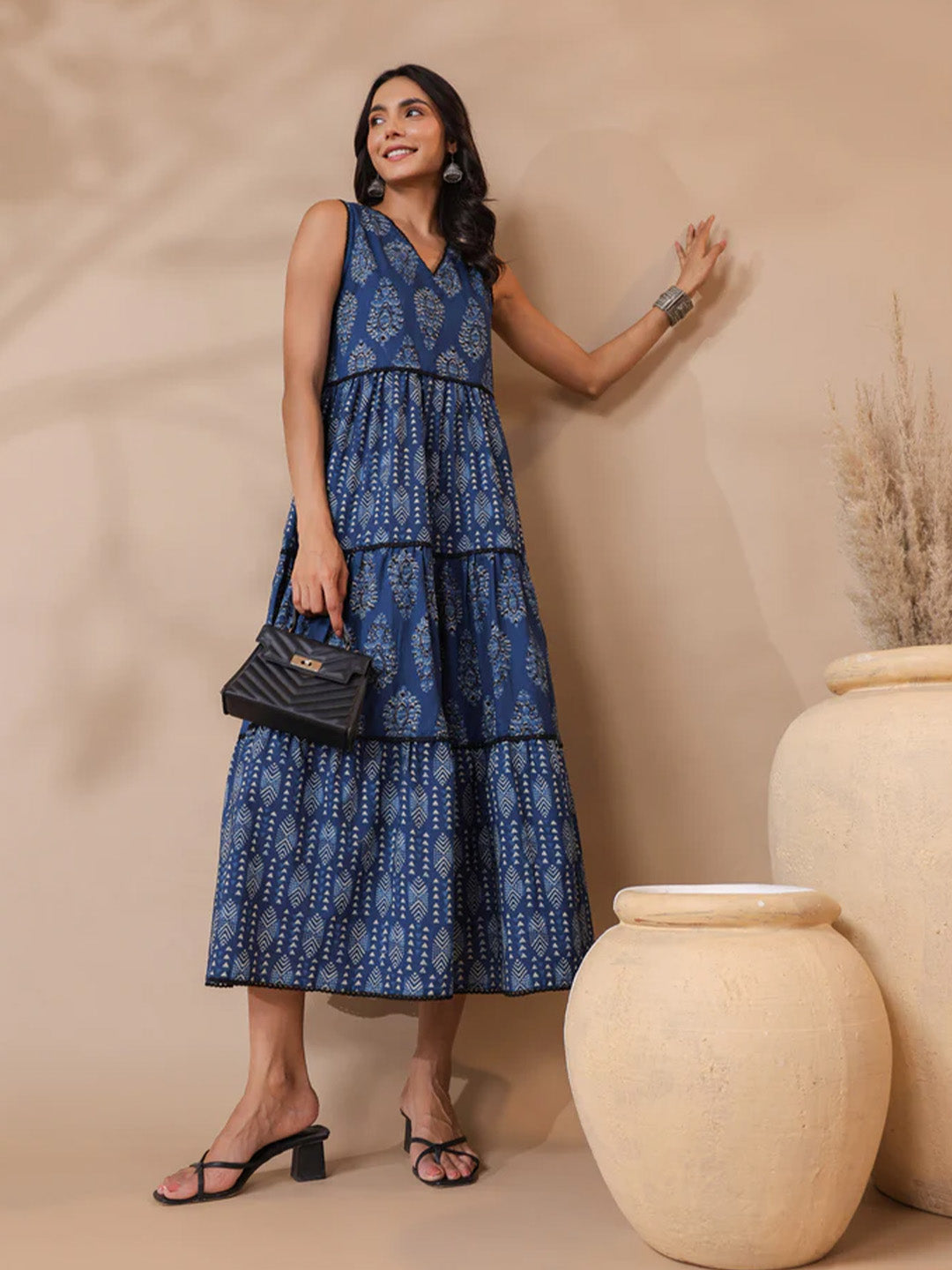 Indigo V-neck Handblock Printed Dress