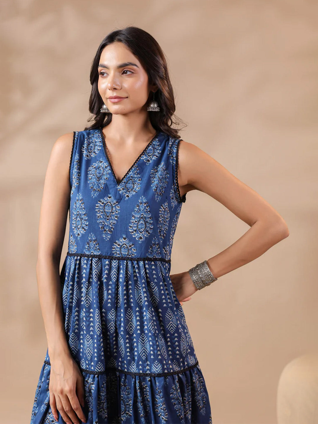 Indigo V-neck Handblock Printed Dress