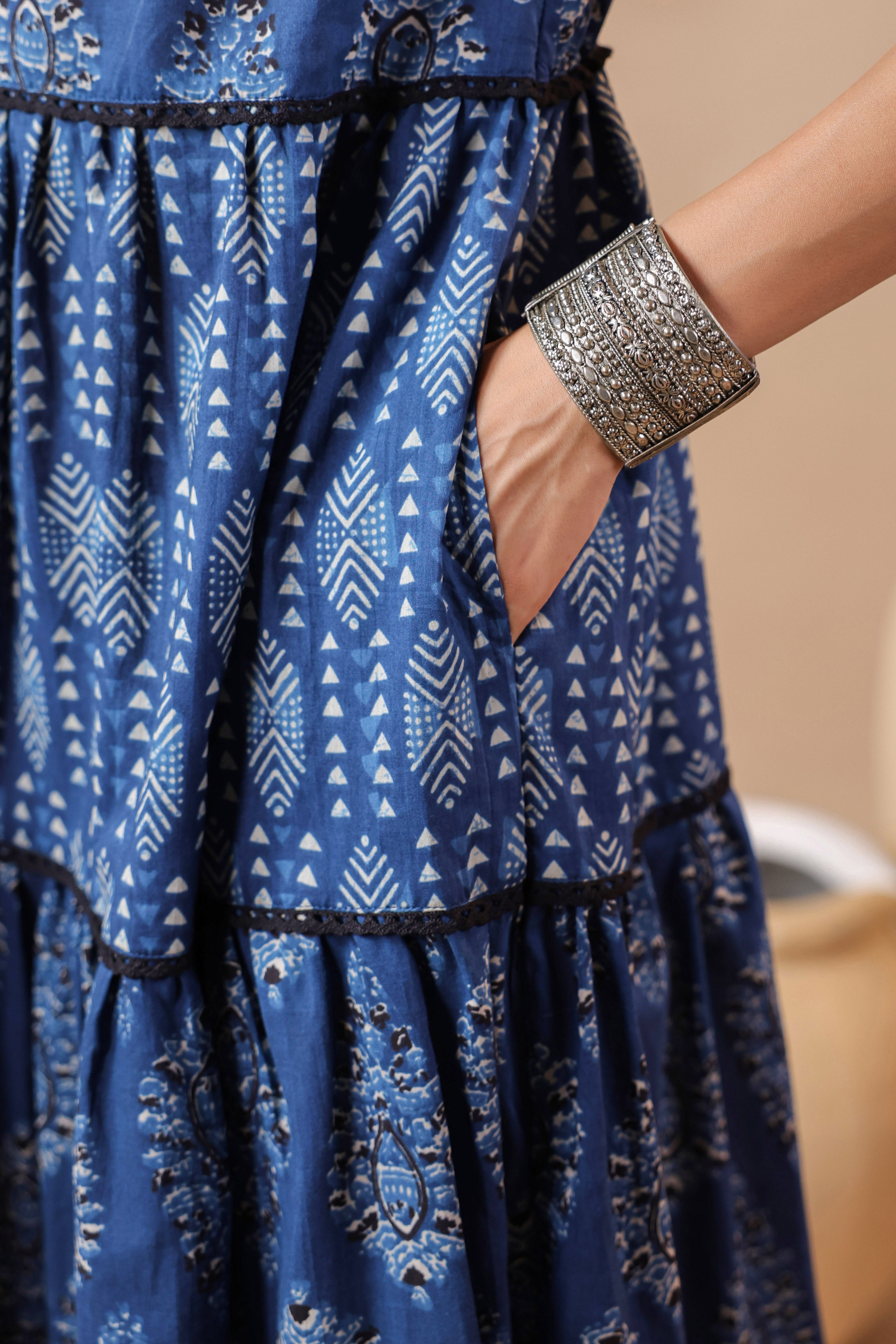 Indigo V-neck Handblock Printed Dress