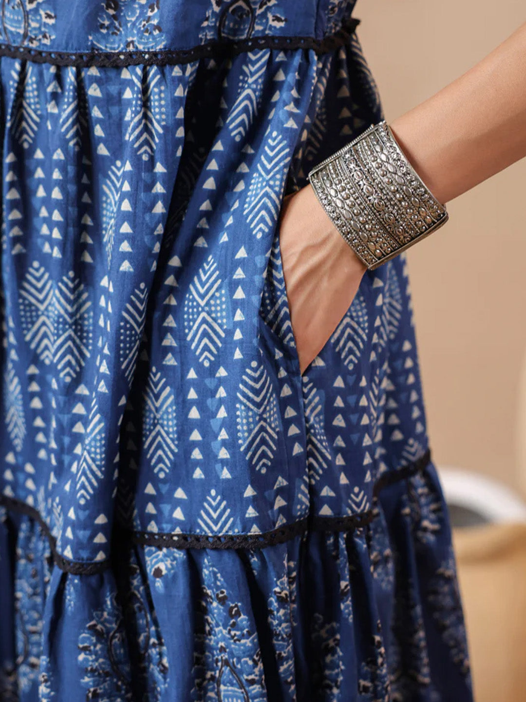 Indigo V-neck Handblock Printed Dress
