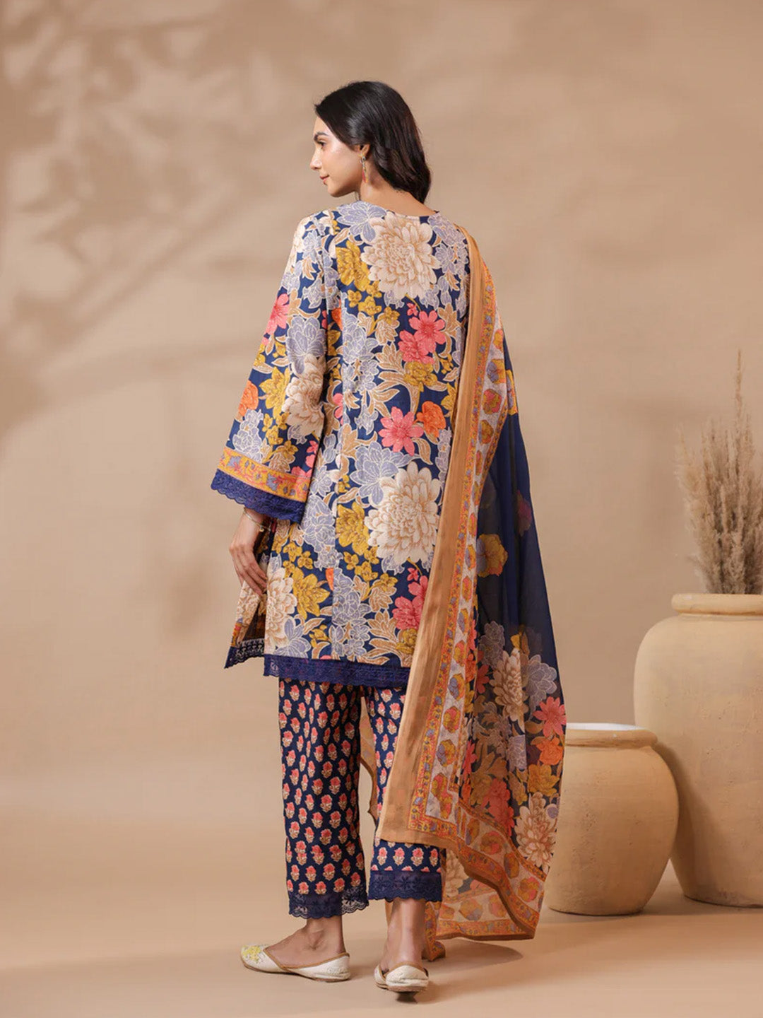 Navy Blue Printed Pakistani-Style Suit Kurta Set