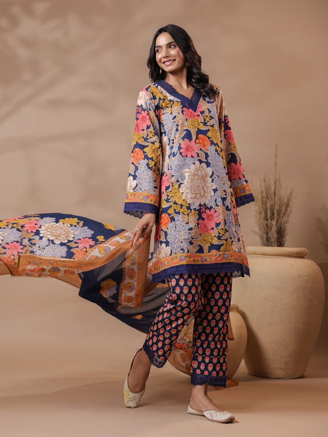 Navy Blue Printed Pakistani-Style Suit Kurta Set