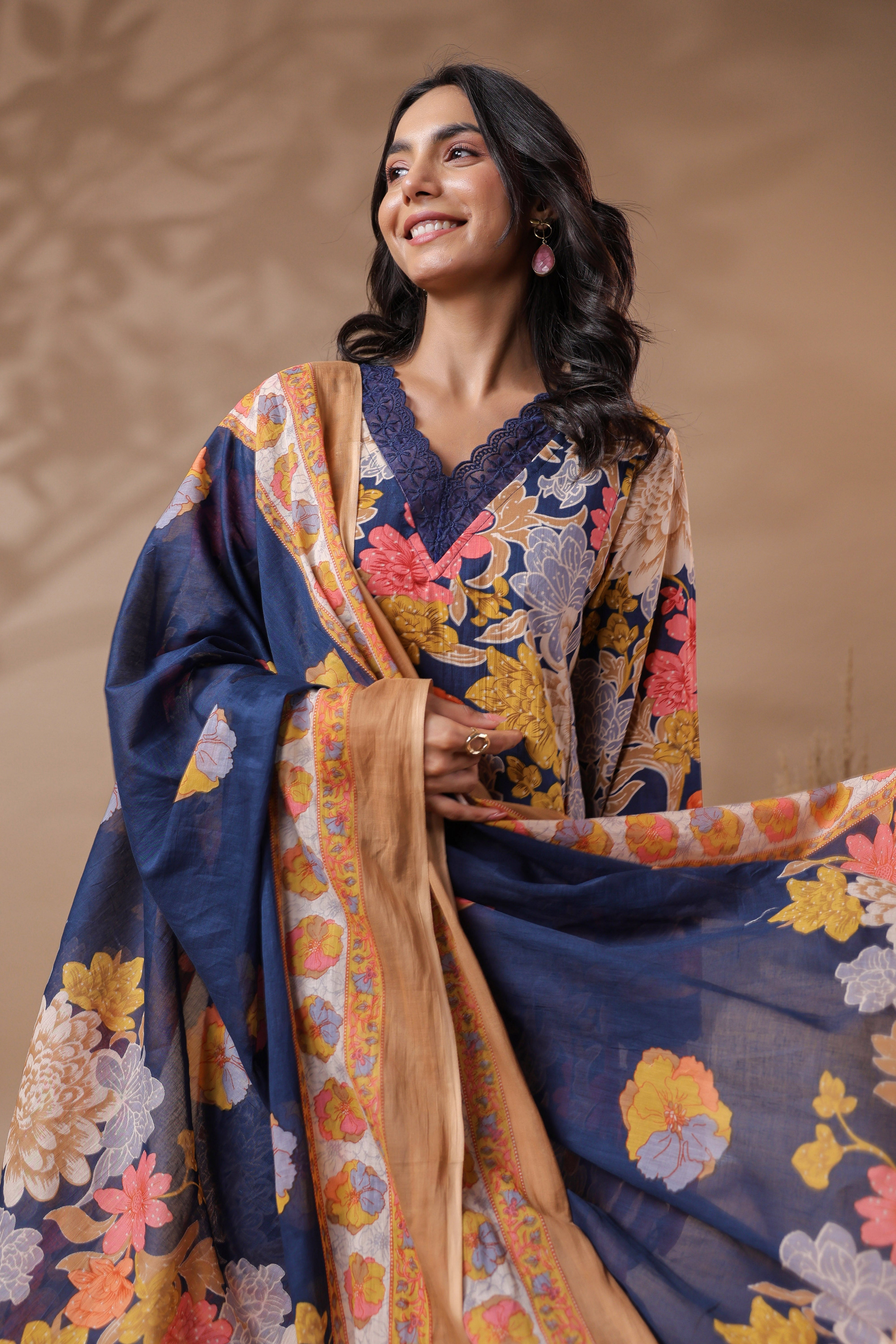 Navy Blue Printed Pakistani-Style Suit Kurta Set
