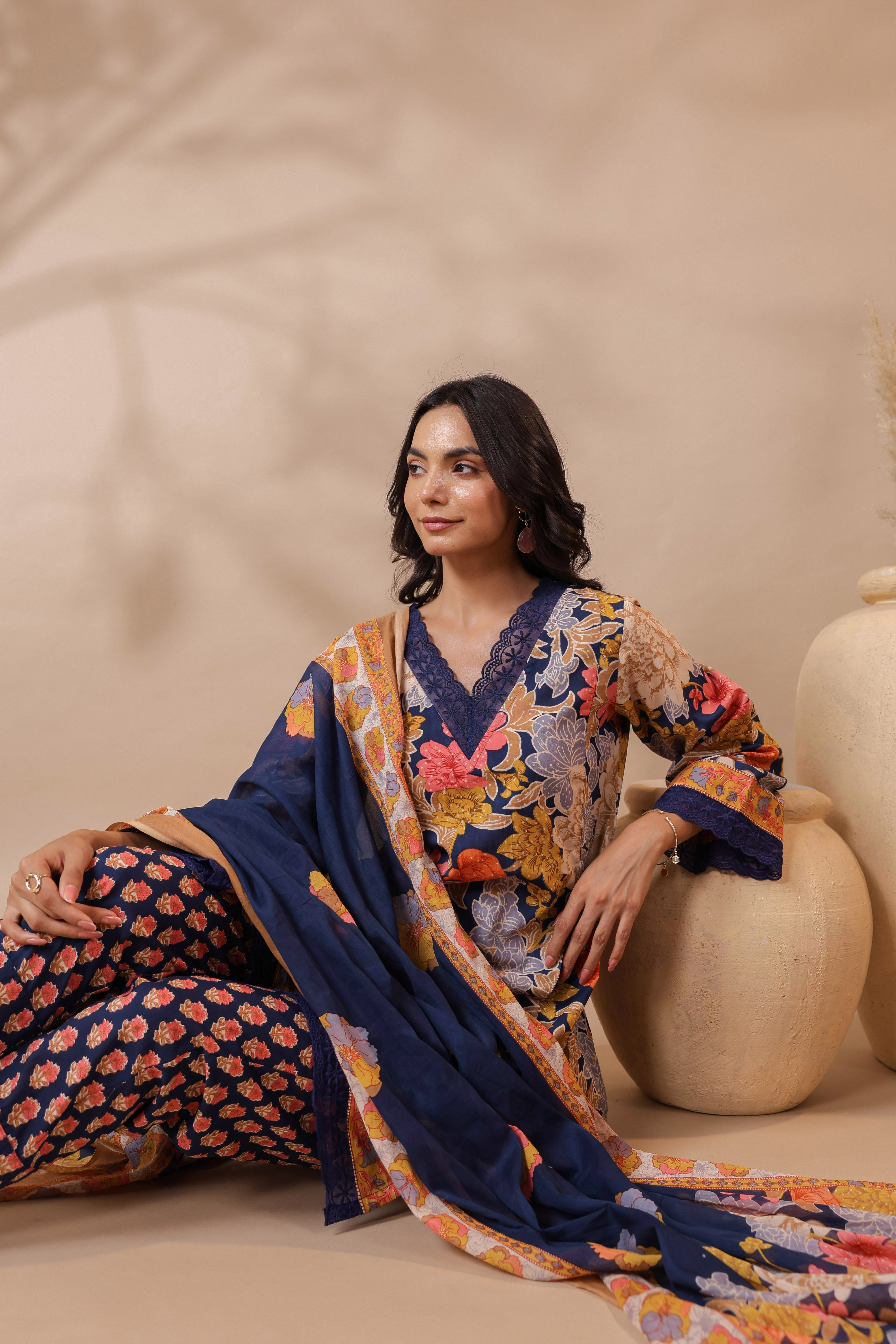 Navy Blue Printed Pakistani-Style Suit Kurta Set