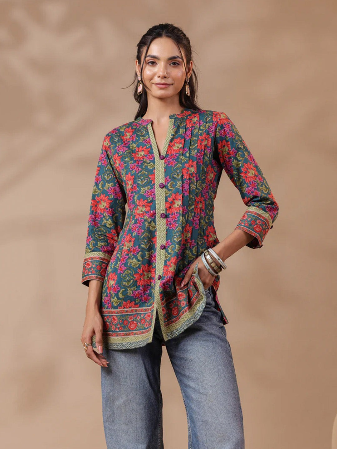 Green Printed Pintucks Cotton Top