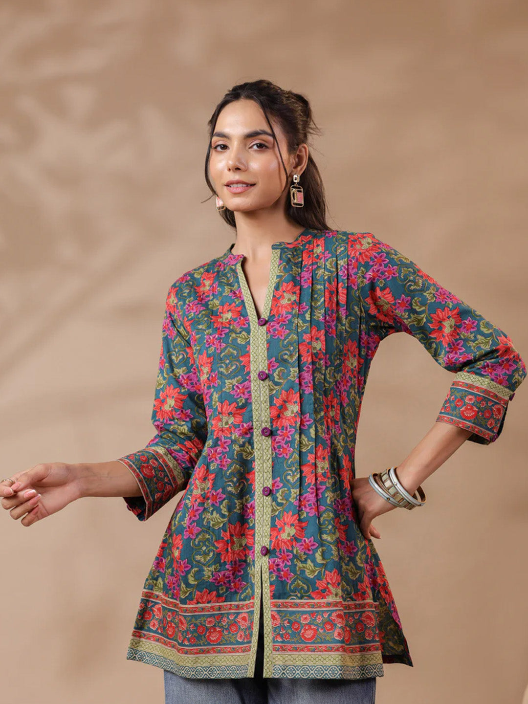 Green Printed Pintucks Cotton Top