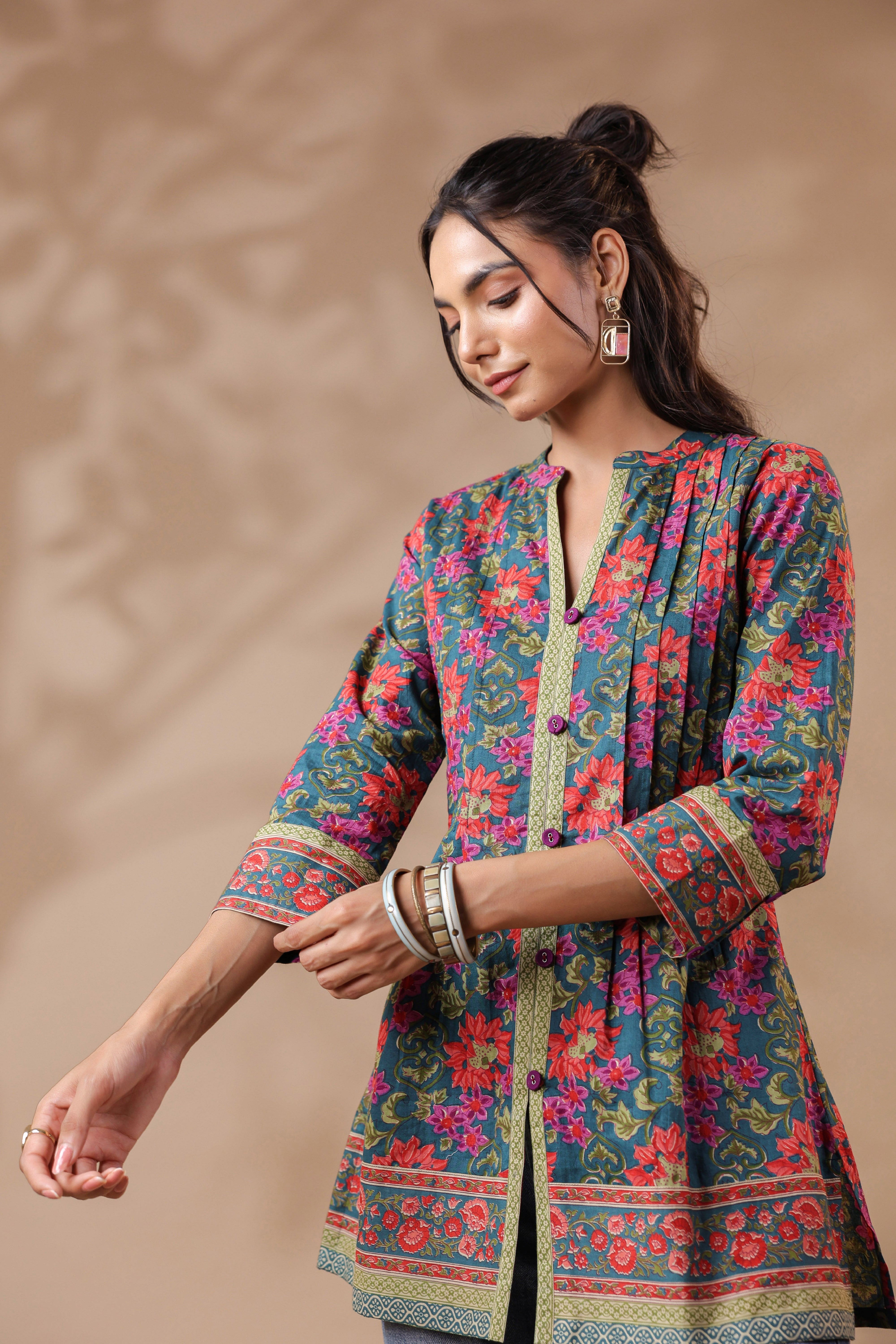 Green Printed Pintucks Cotton Top