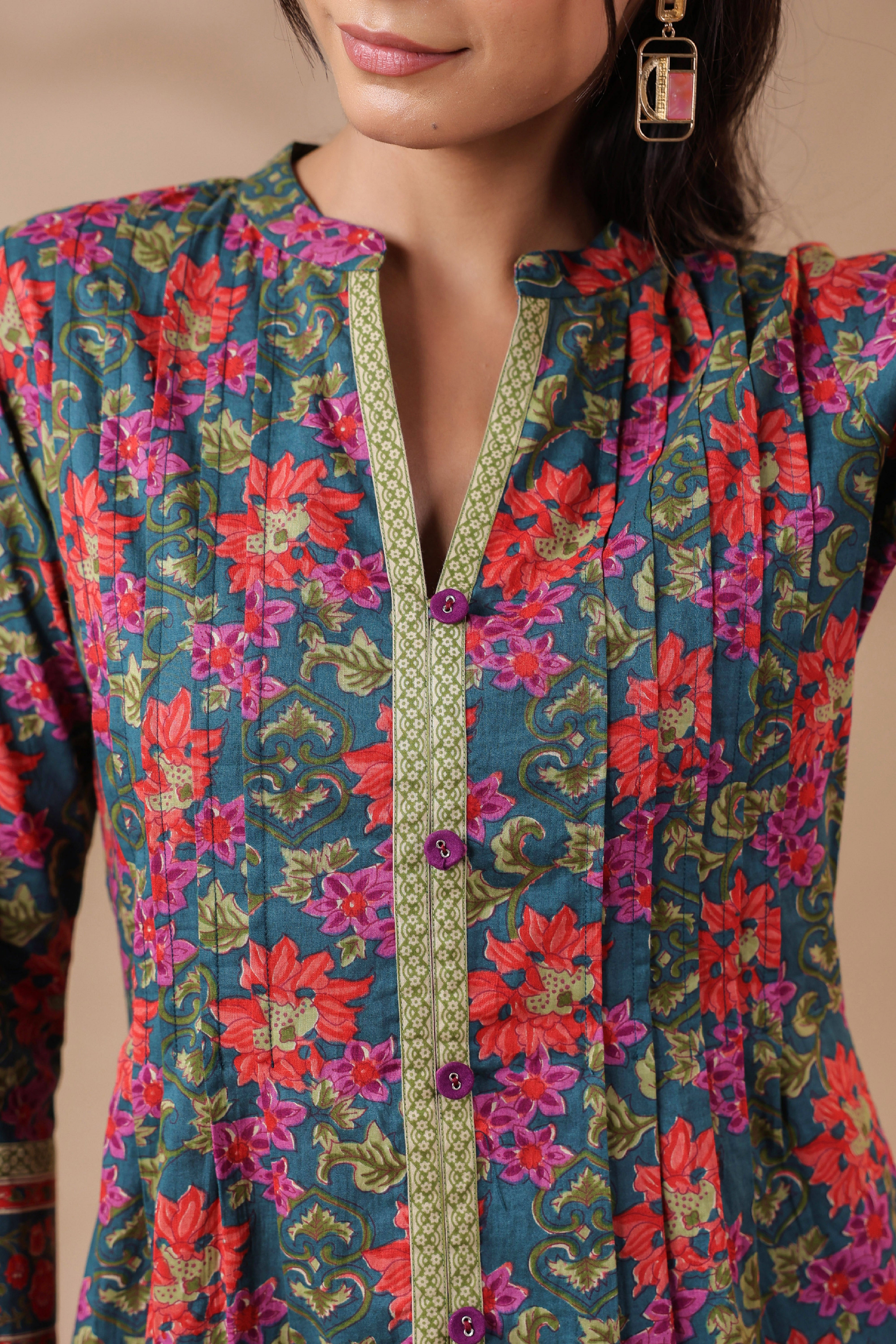 Green Printed Pintucks Cotton Top