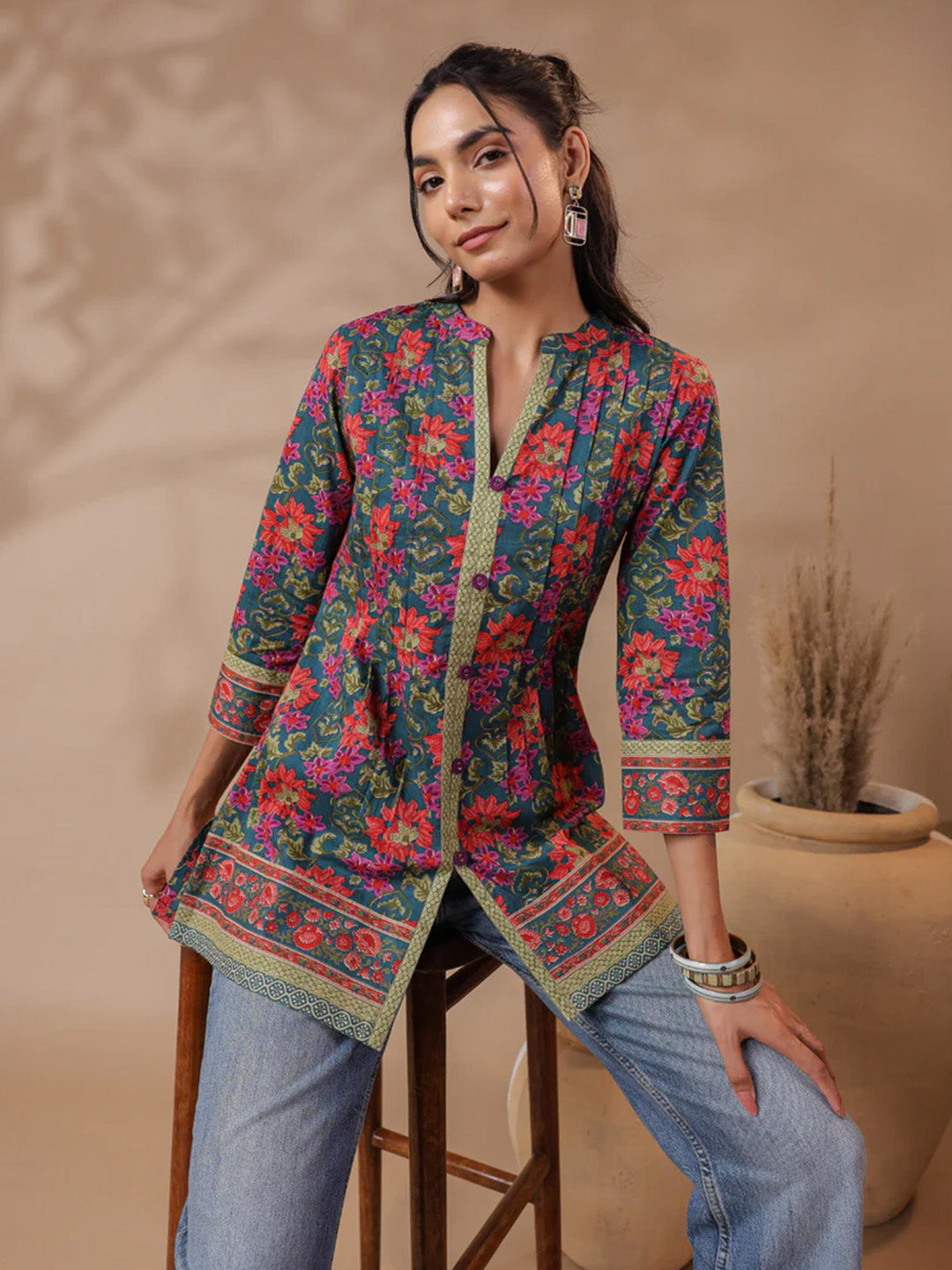 Green Printed Pintucks Cotton Top