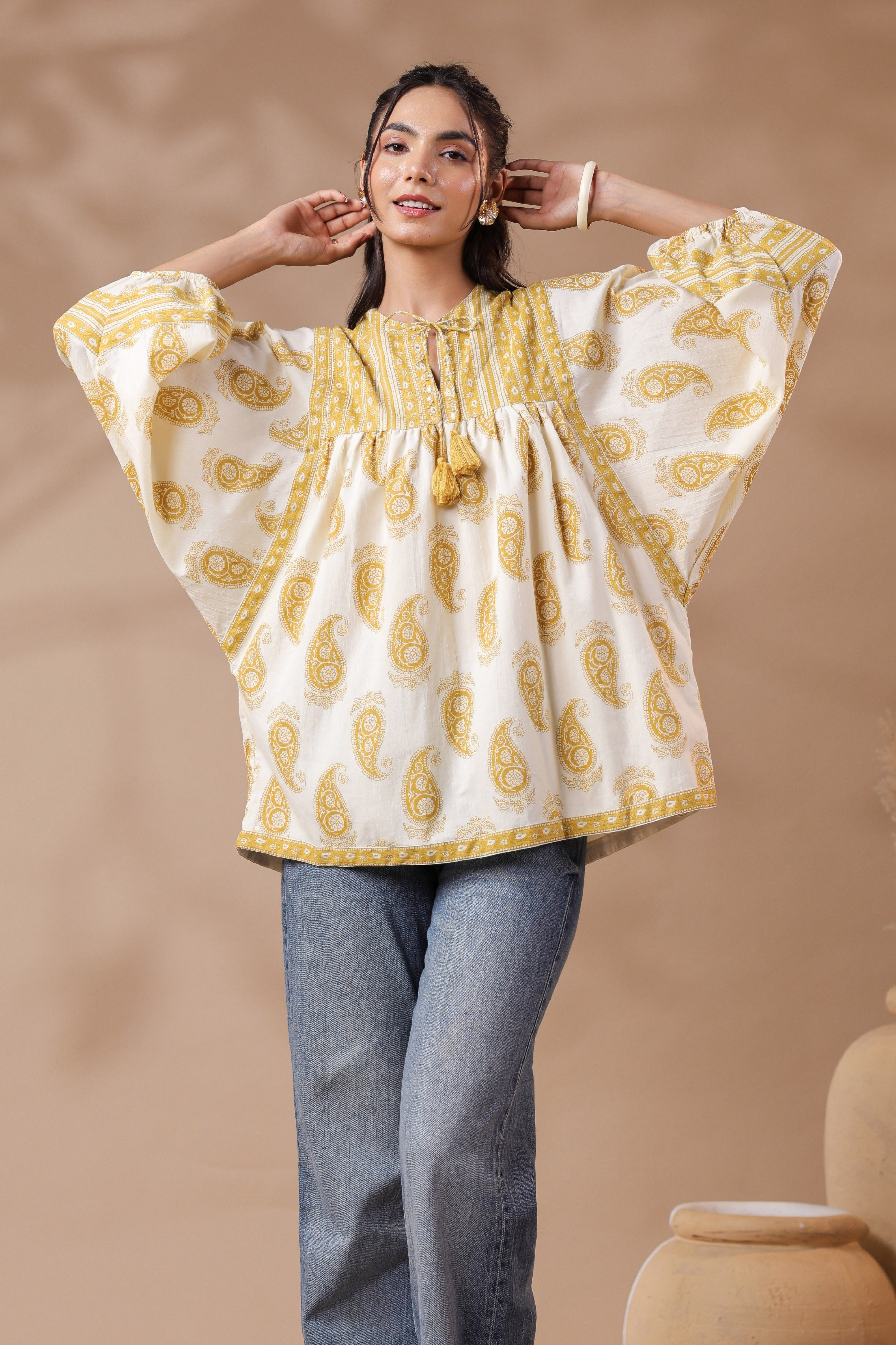 Cream Hand-block Printed Boho Volume Sleeves Top