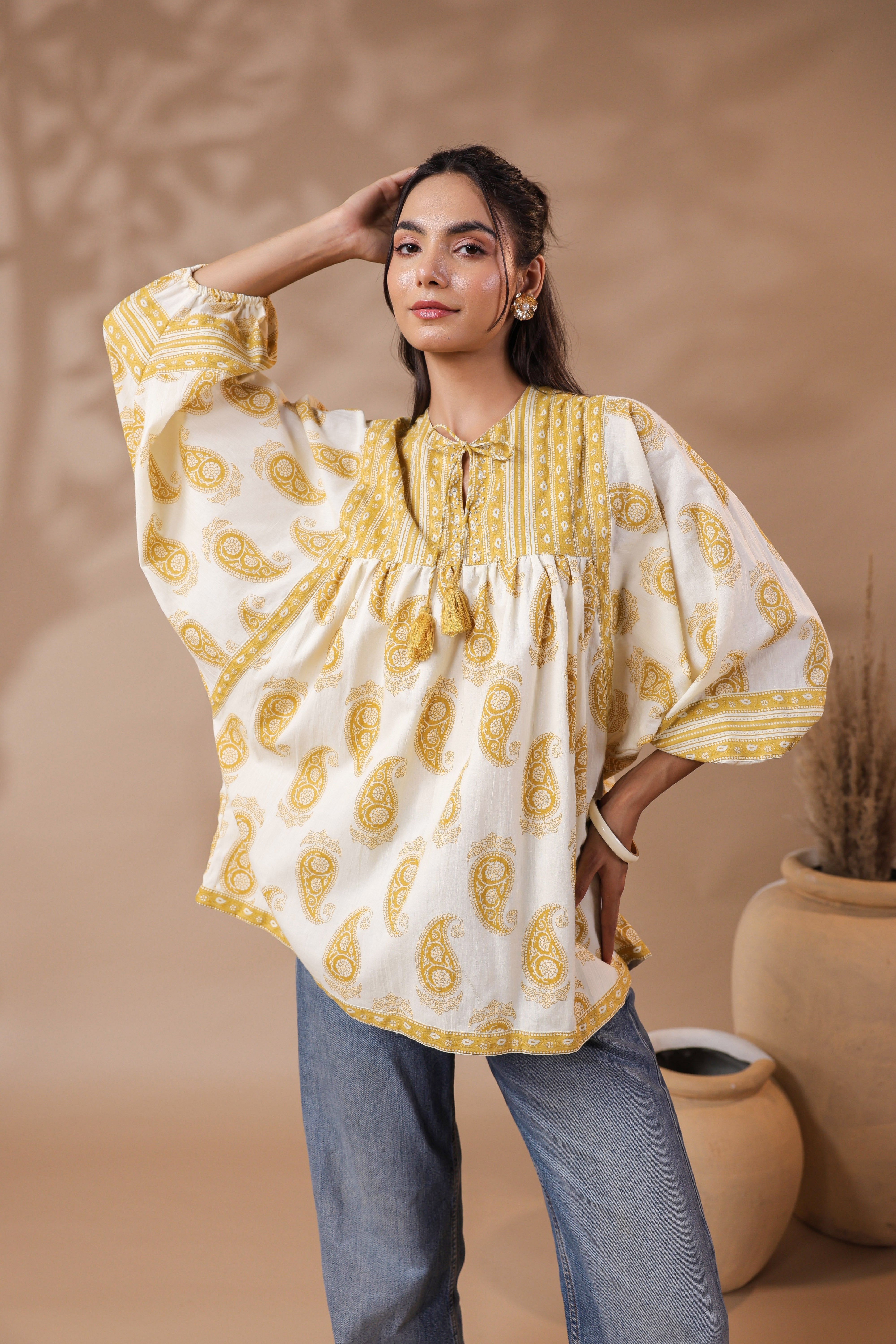 Cream Hand-block Printed Boho Volume Sleeves Top