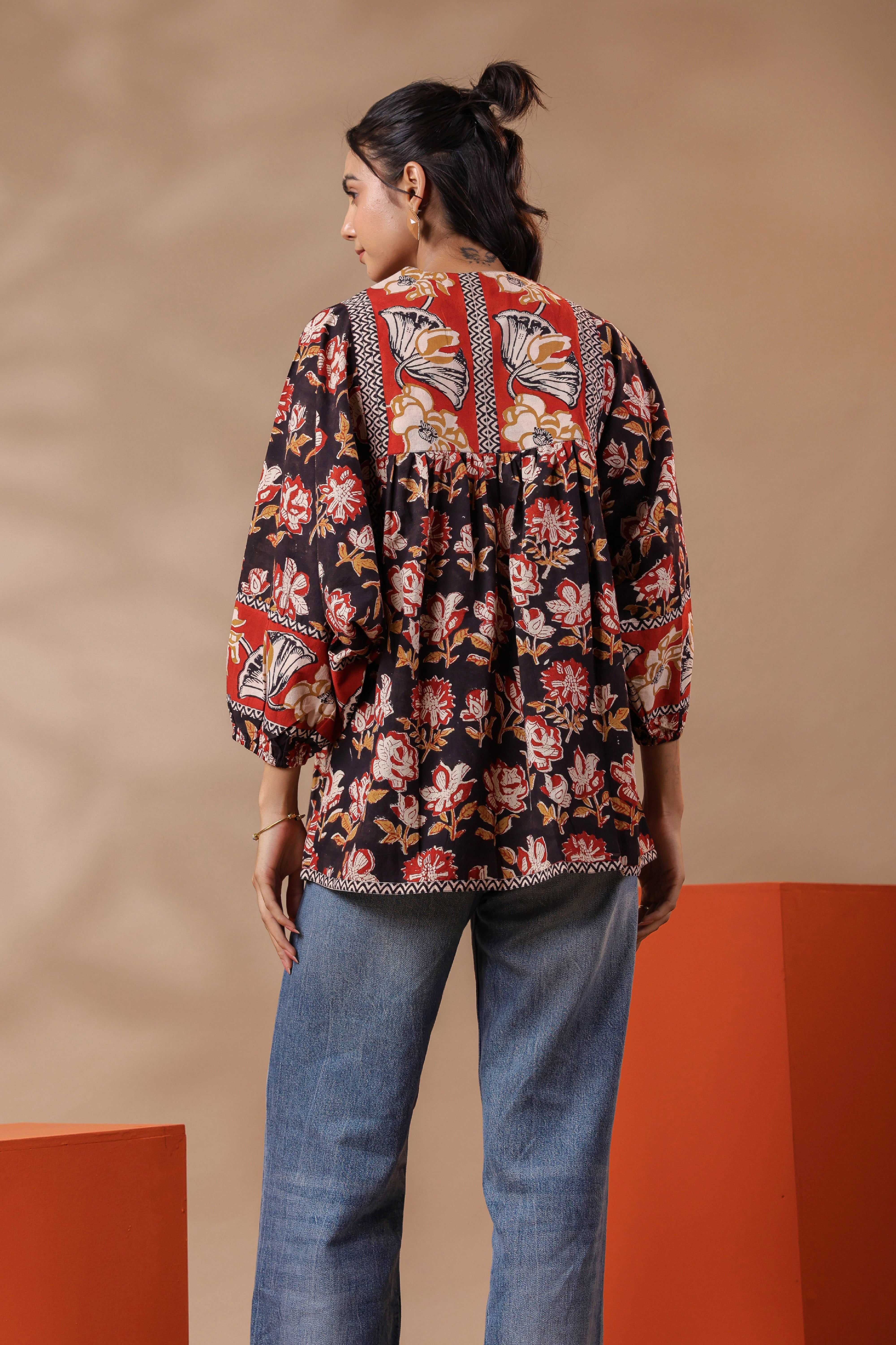 Black Bagru Hand-block Printed Boho Volume Sleeves Top