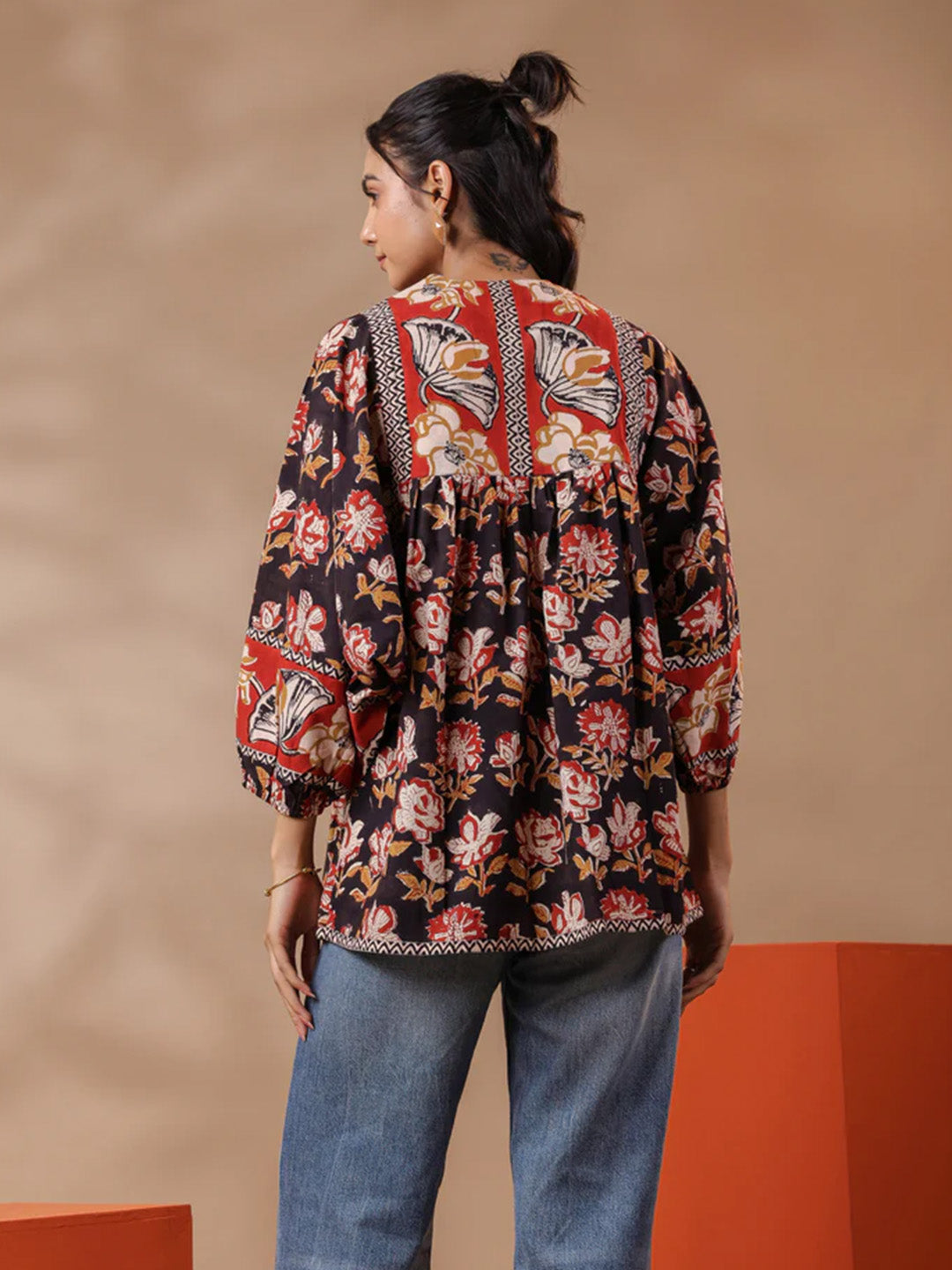 Black Bagru Hand-block Printed Boho Volume Sleeves Top