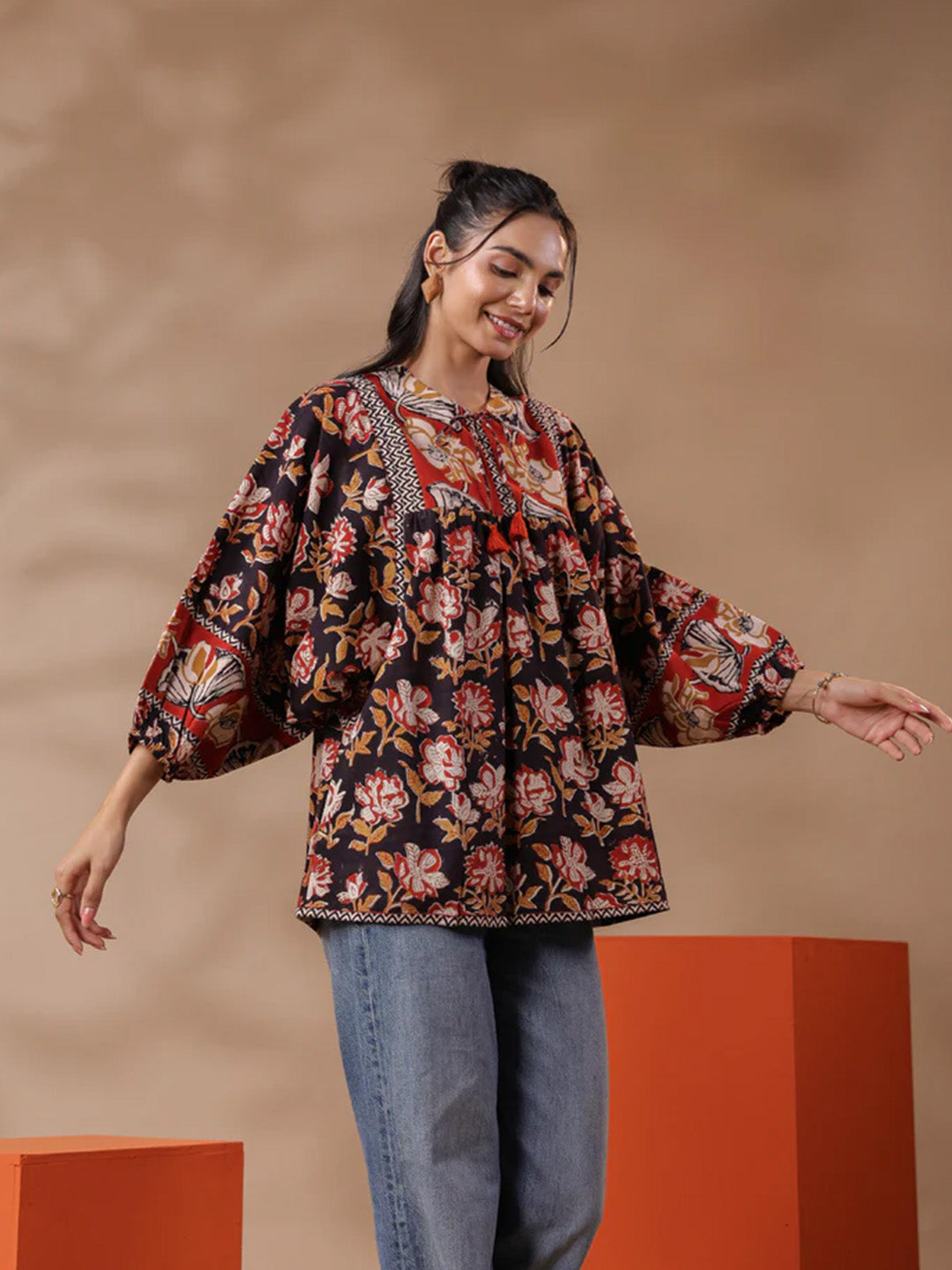 Black Bagru Hand-block Printed Boho Volume Sleeves Top