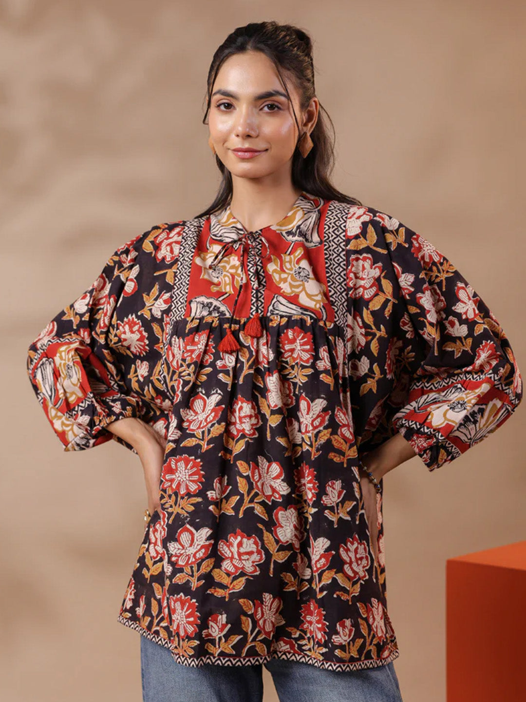 Black Bagru Hand-block Printed Boho Volume Sleeves Top