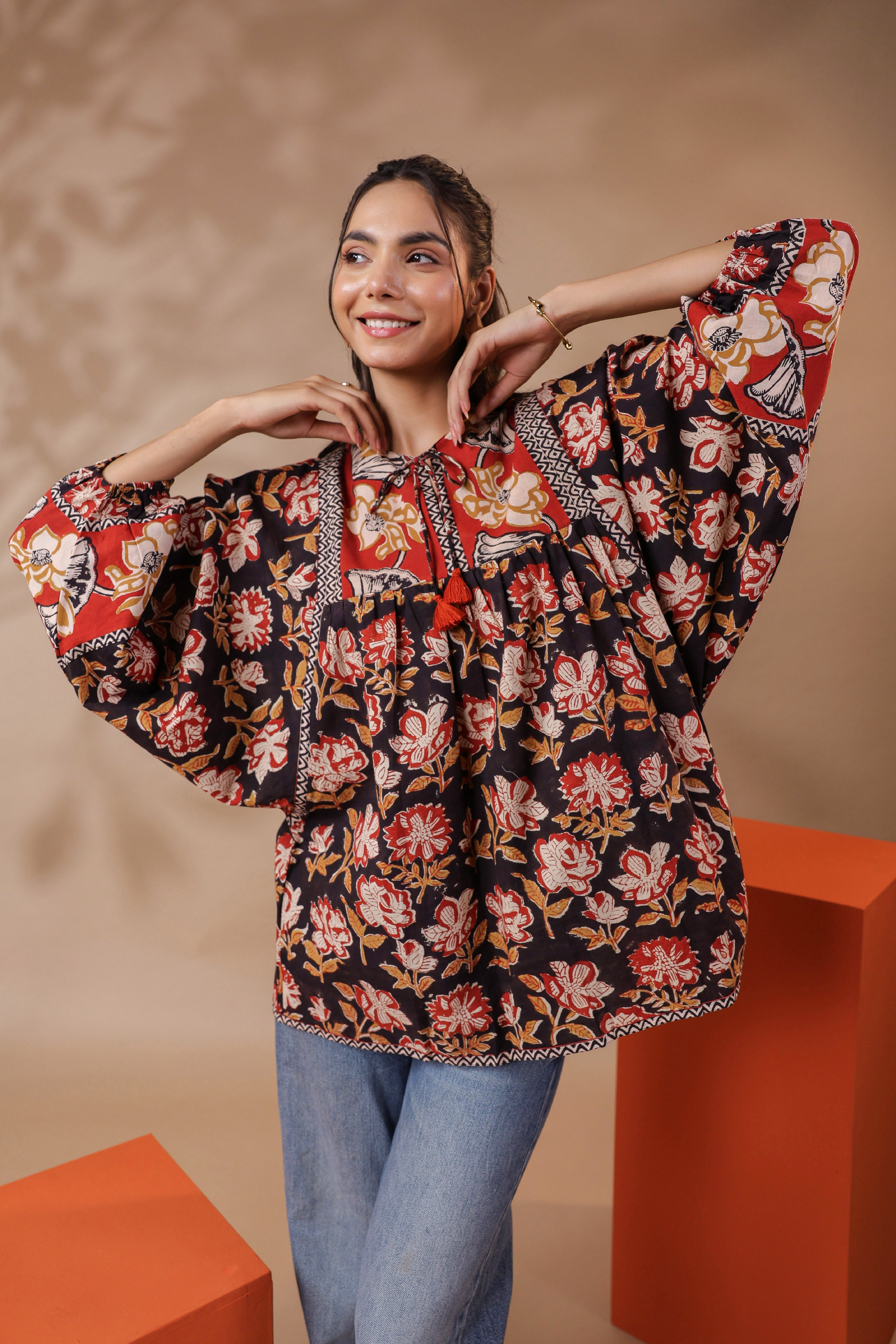 Black Bagru Hand-block Printed Boho Volume Sleeves Top