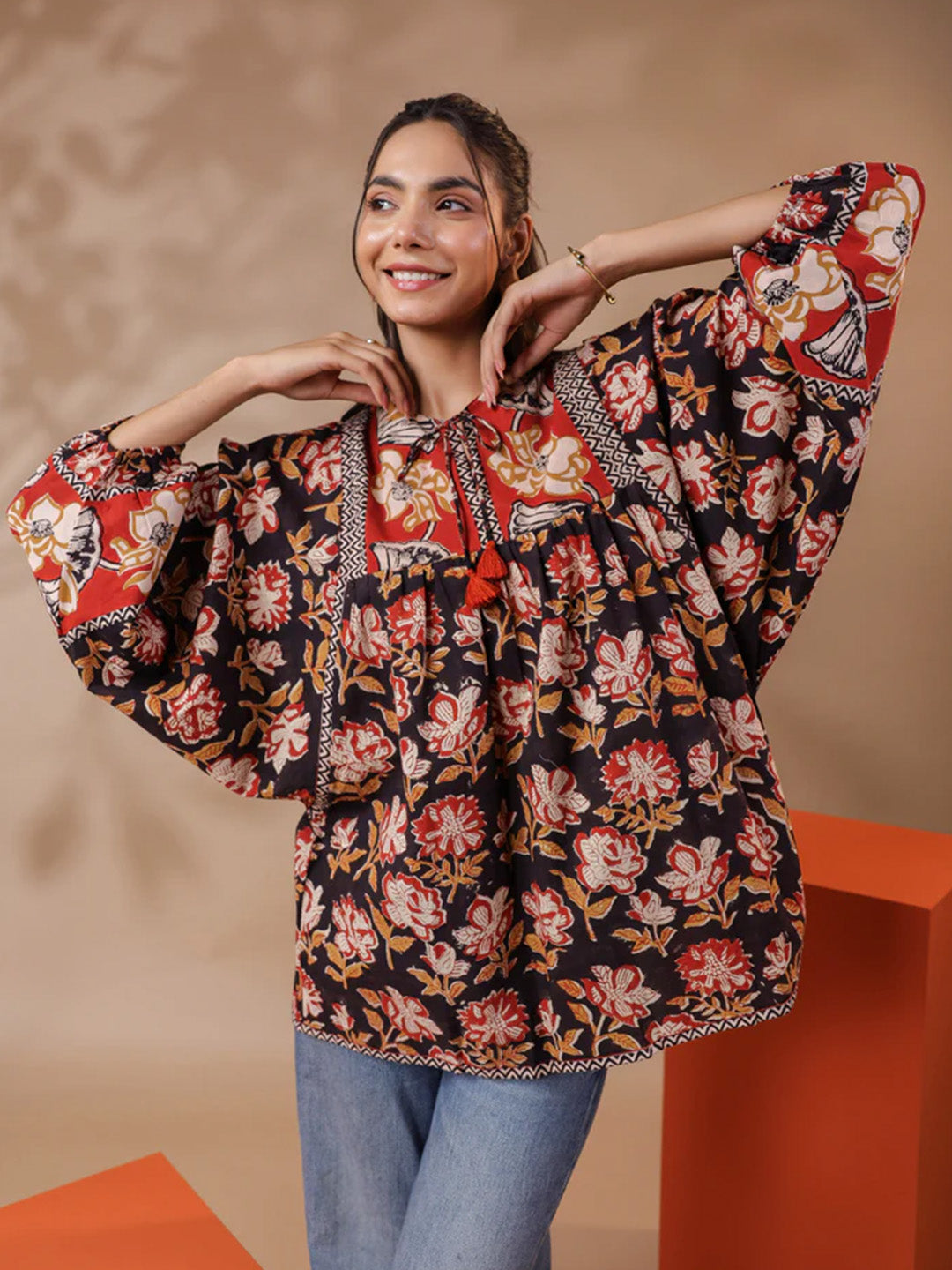Black Bagru Hand-block Printed Boho Volume Sleeves Top