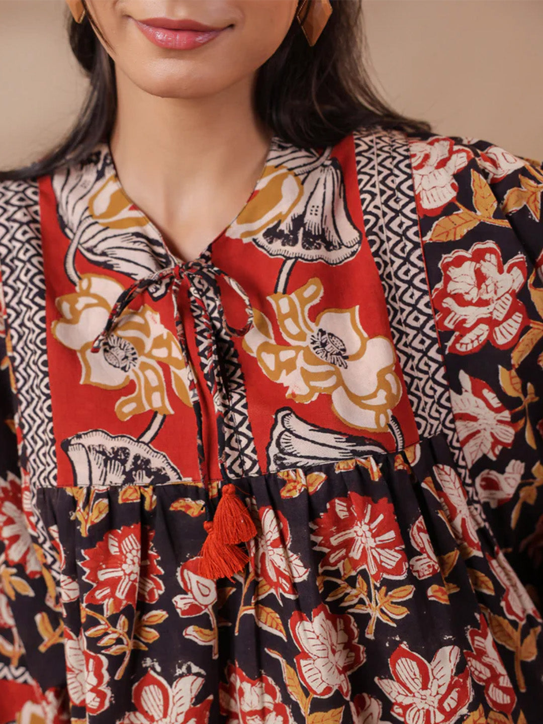 Black Bagru Hand-block Printed Boho Volume Sleeves Top