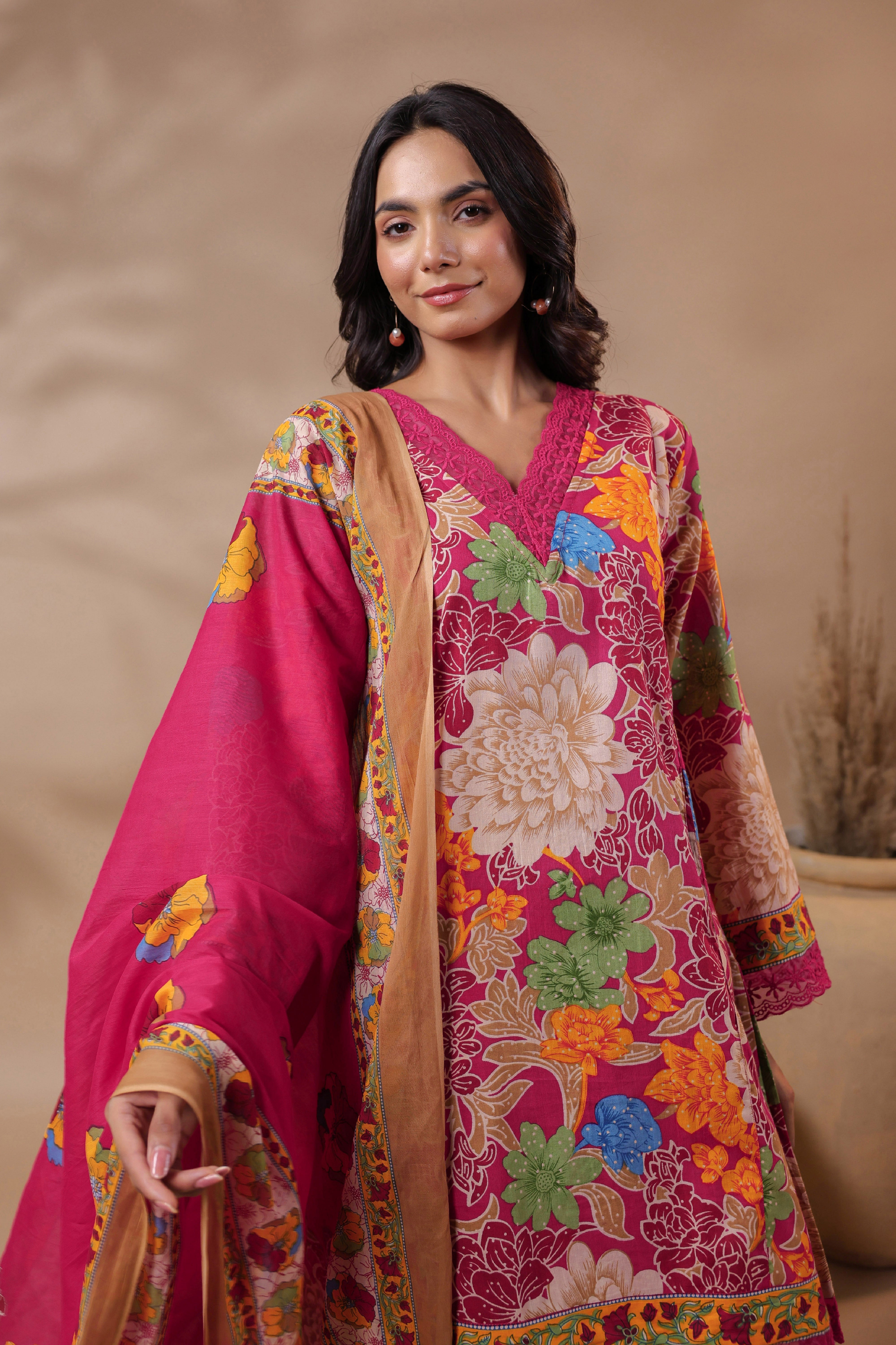 Pink Printed Pakistani-Style Suit Kurta Set