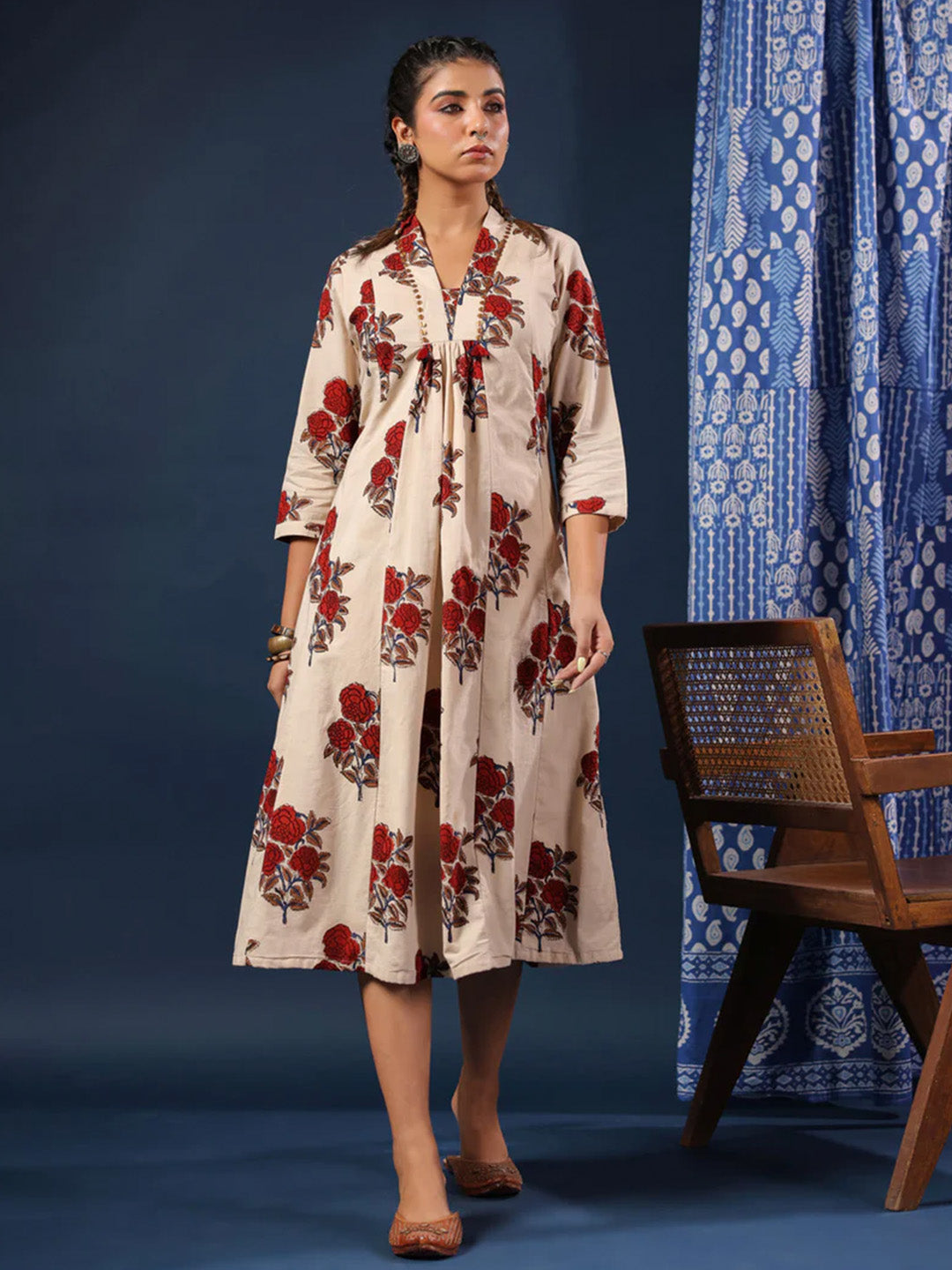 Cream Bagru Handblock Printed Dress with Pockets & Lining