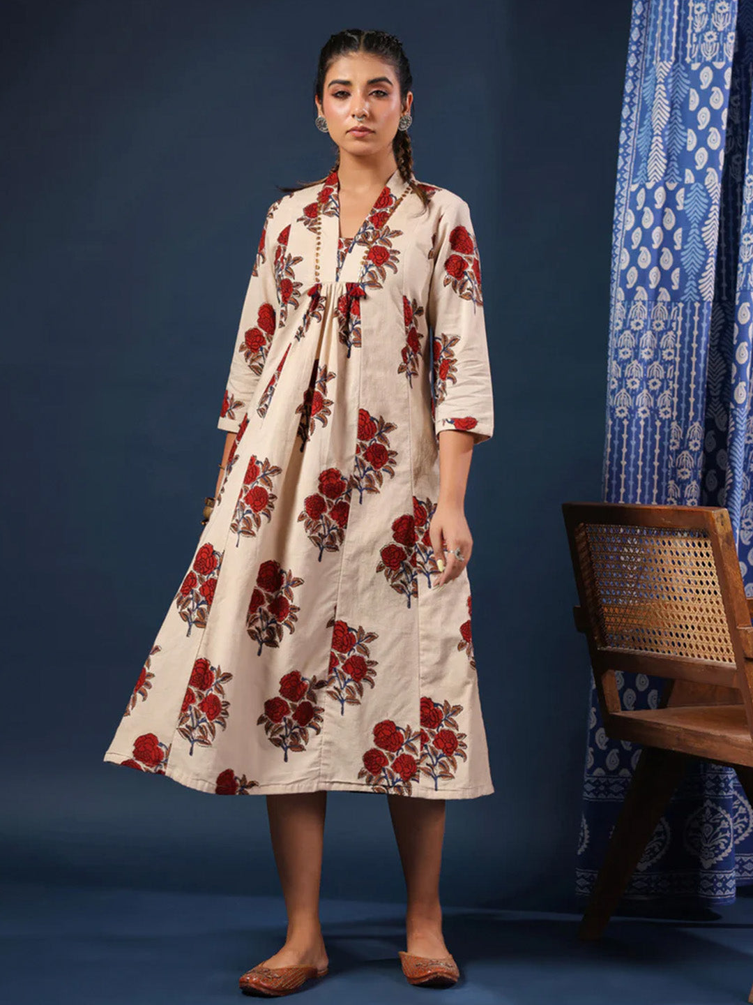 Cream Bagru Handblock Printed Dress with Pockets & Lining