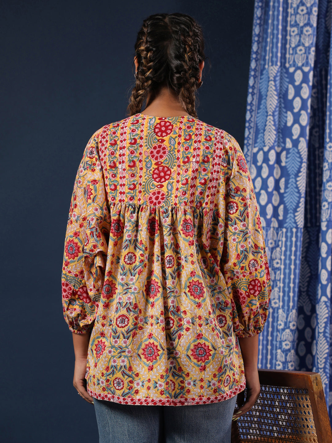 Yellow Hand-block Printed Boho Volume Sleeves Top