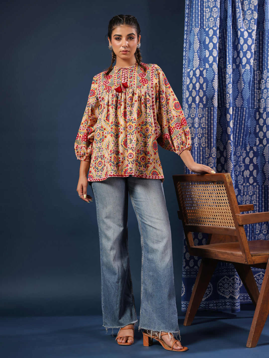 Yellow Hand-block Printed Boho Volume Sleeves Top