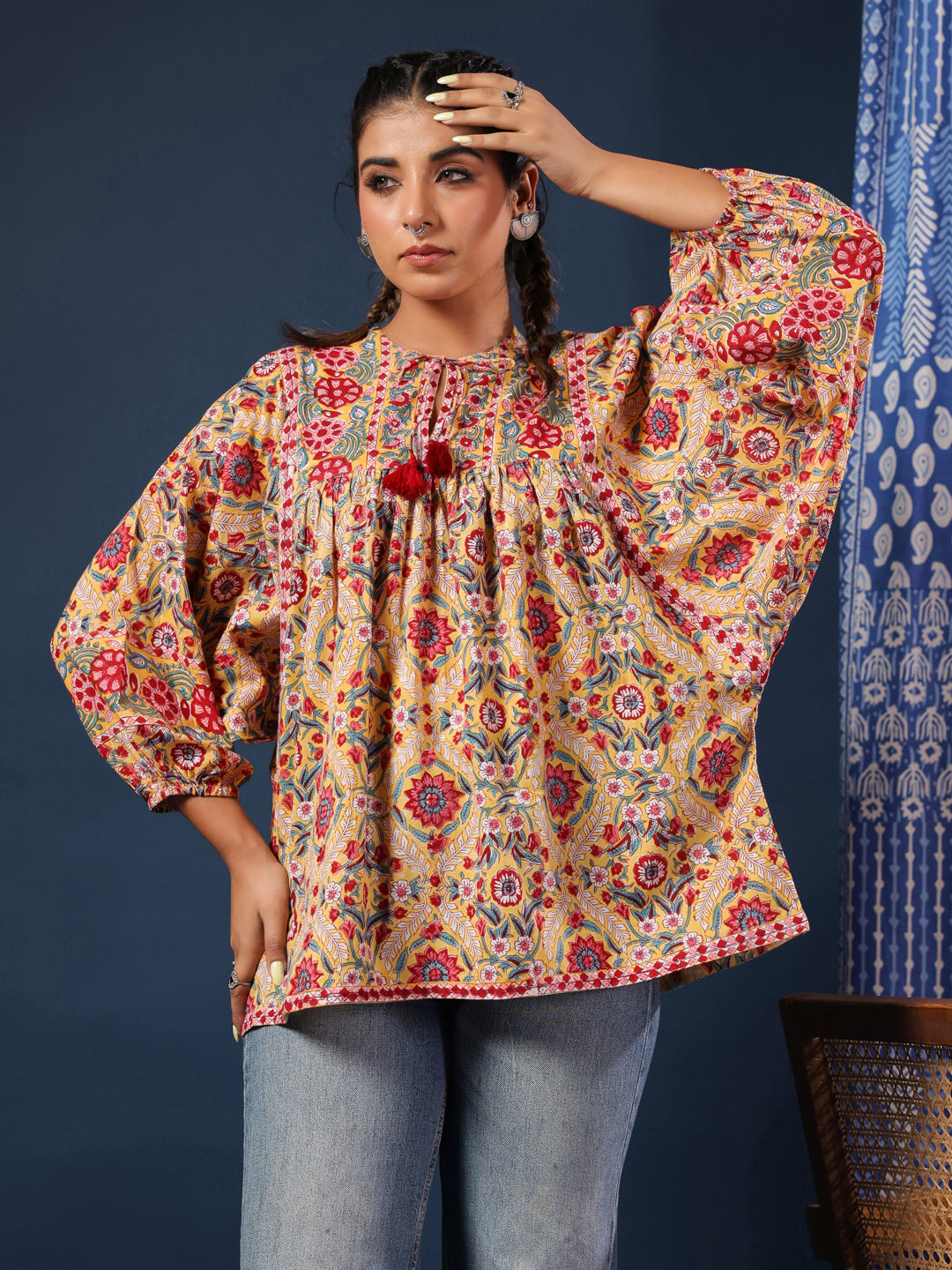 Yellow Hand-block Printed Boho Volume Sleeves Top