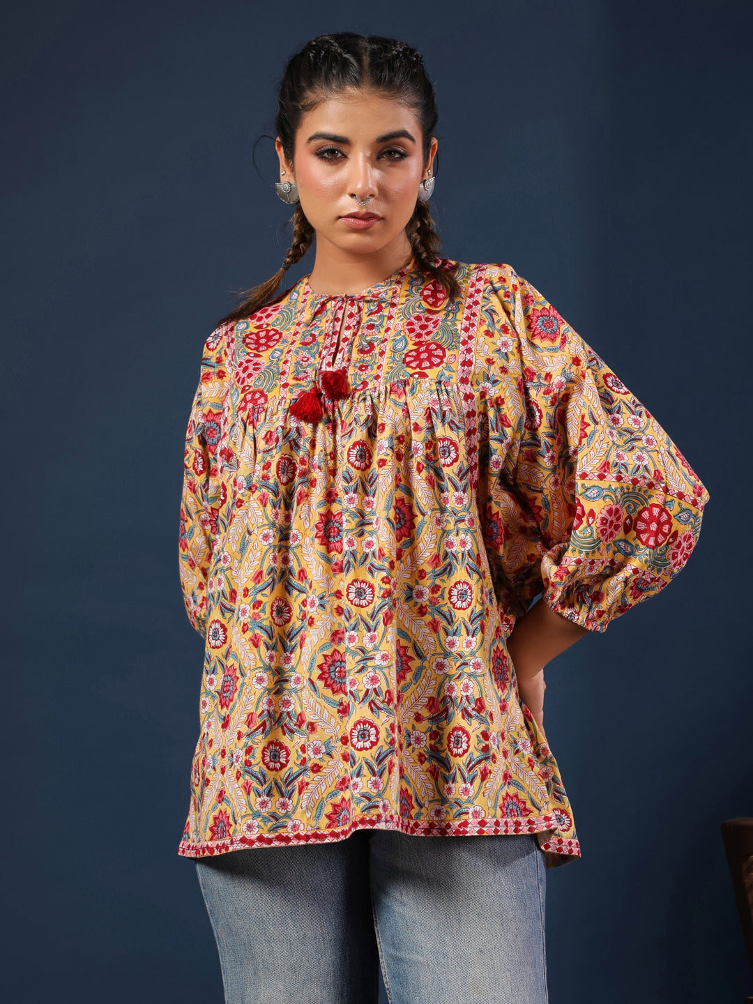 Yellow Hand-block Printed Boho Volume Sleeves Top