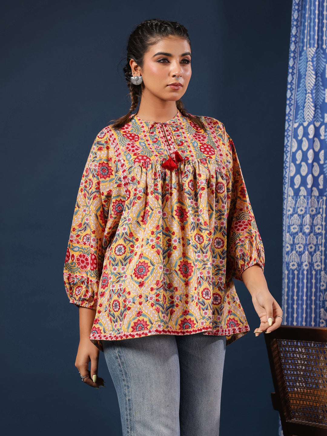Yellow Hand-block Printed Boho Volume Sleeves Top