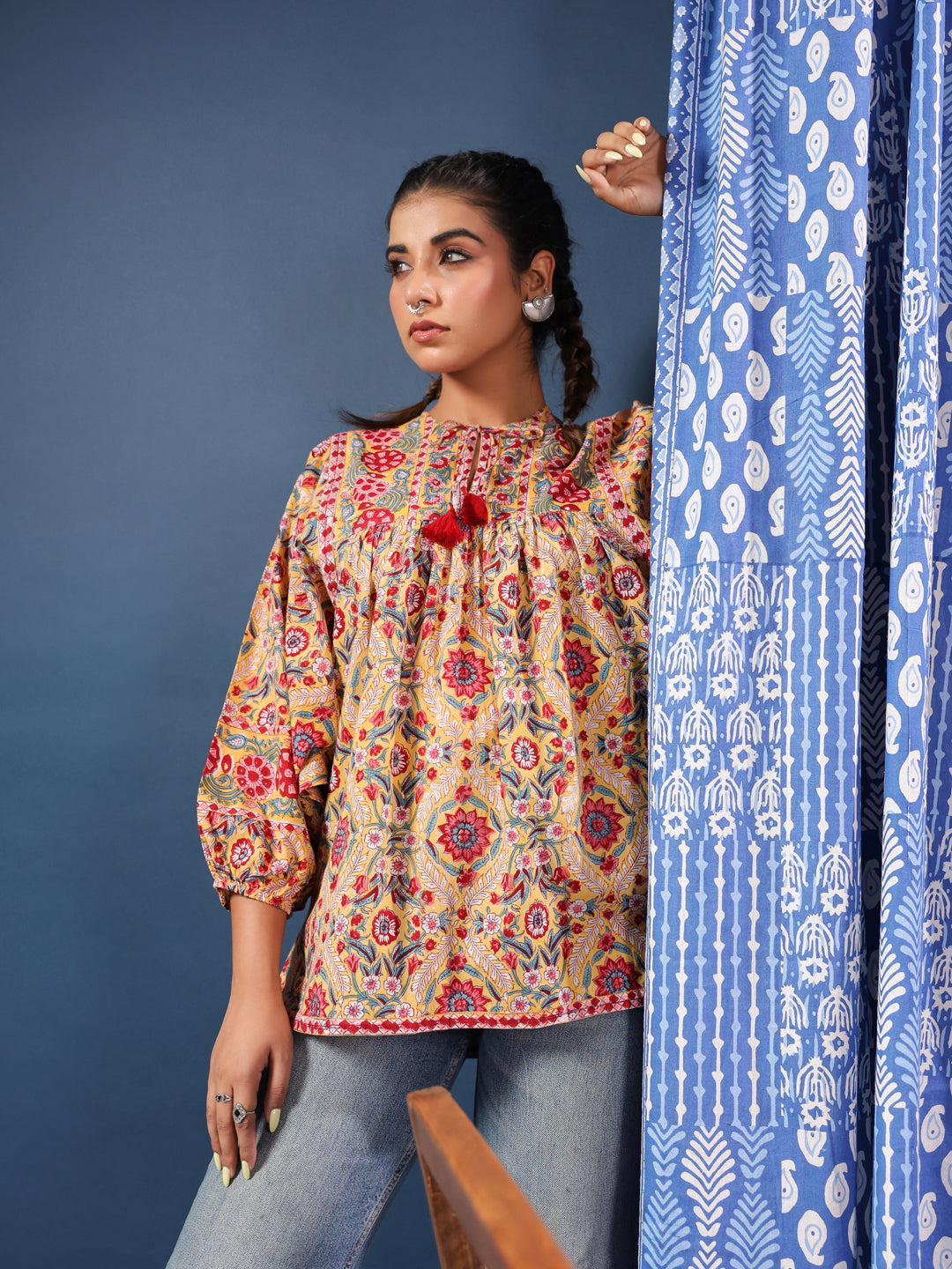 Yellow Hand-block Printed Boho Volume Sleeves Top