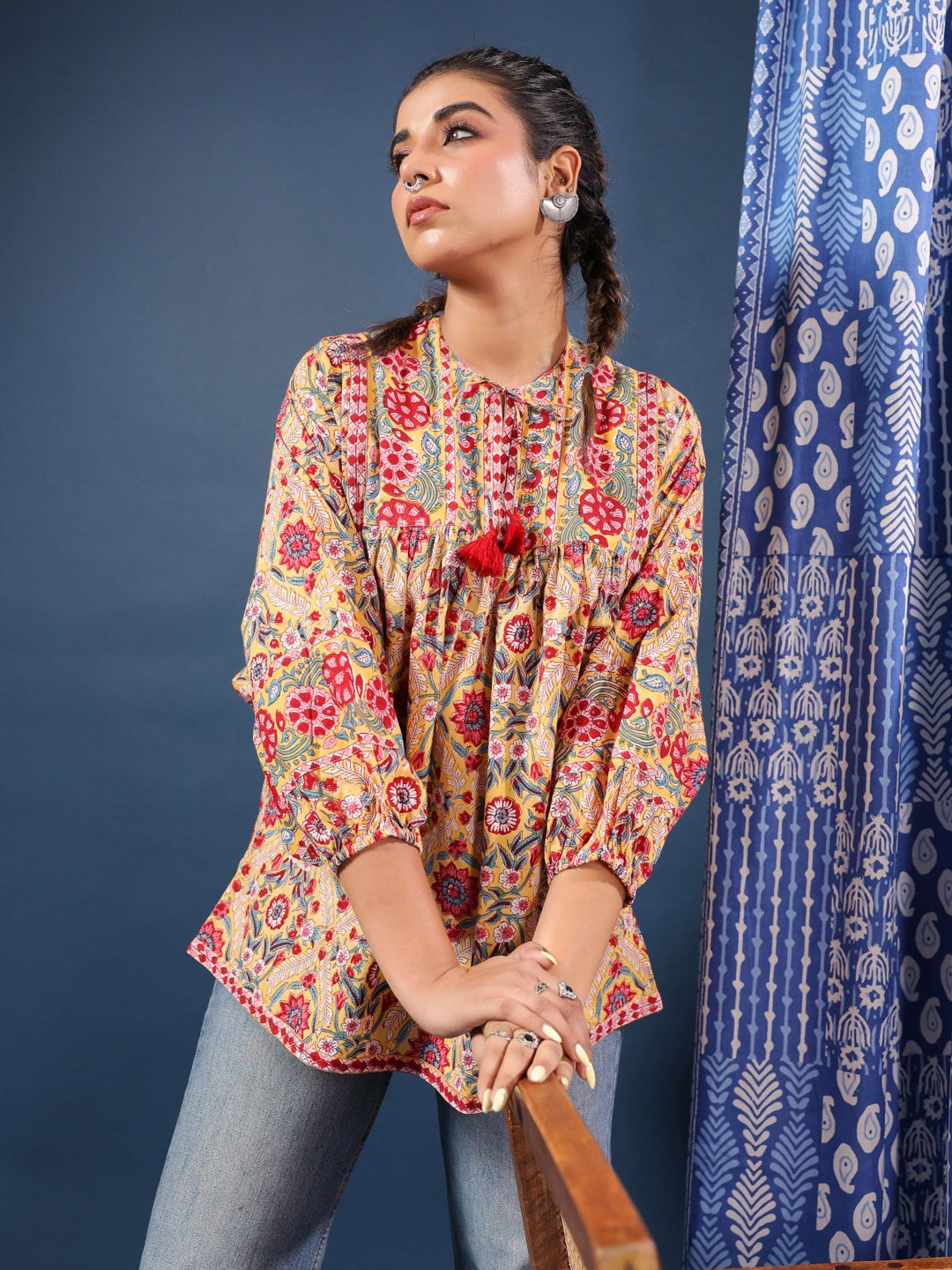 Yellow Hand-block Printed Boho Volume Sleeves Top