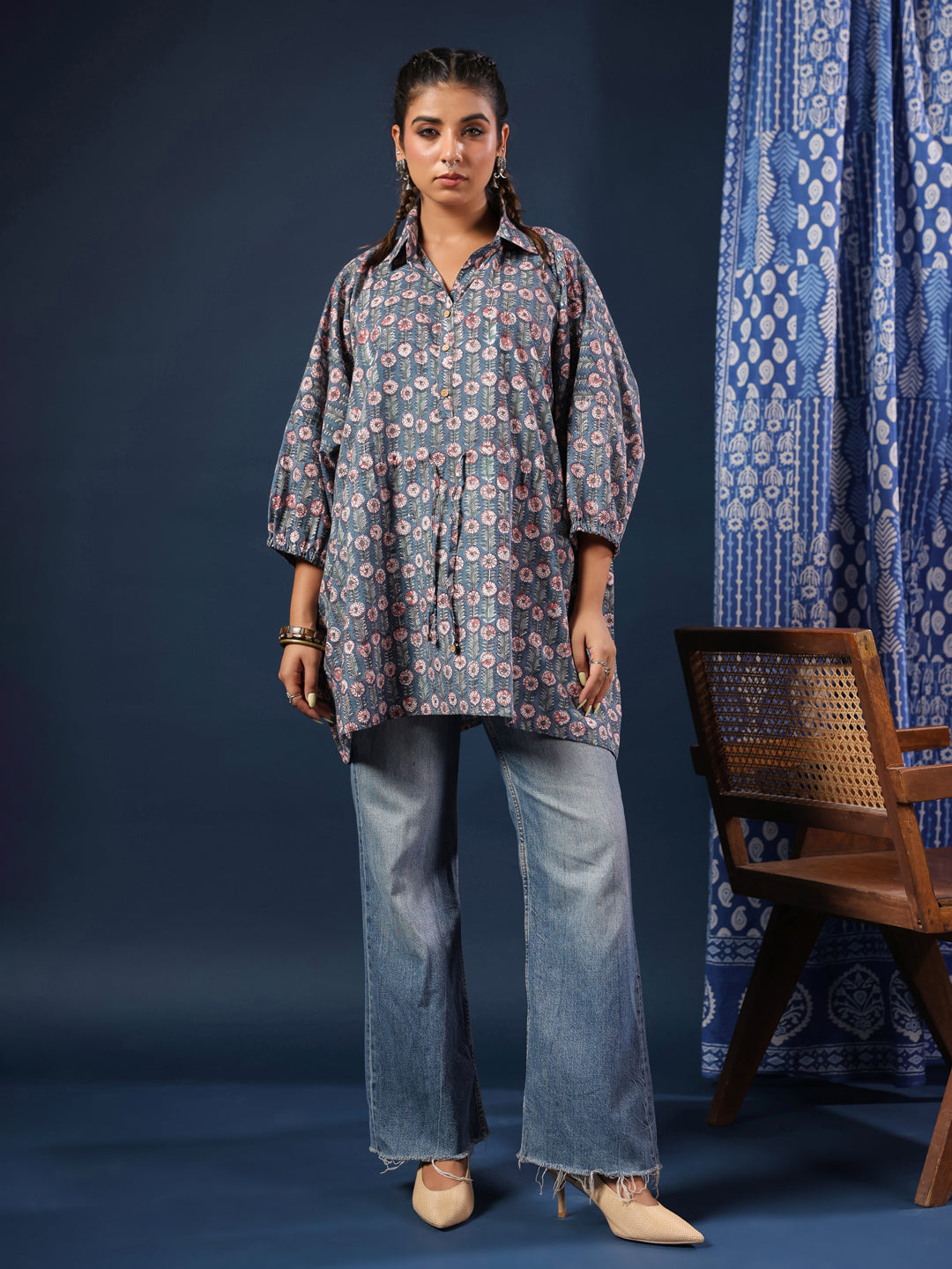 Blue Handblock Printed Shirt Style Kaftan Top