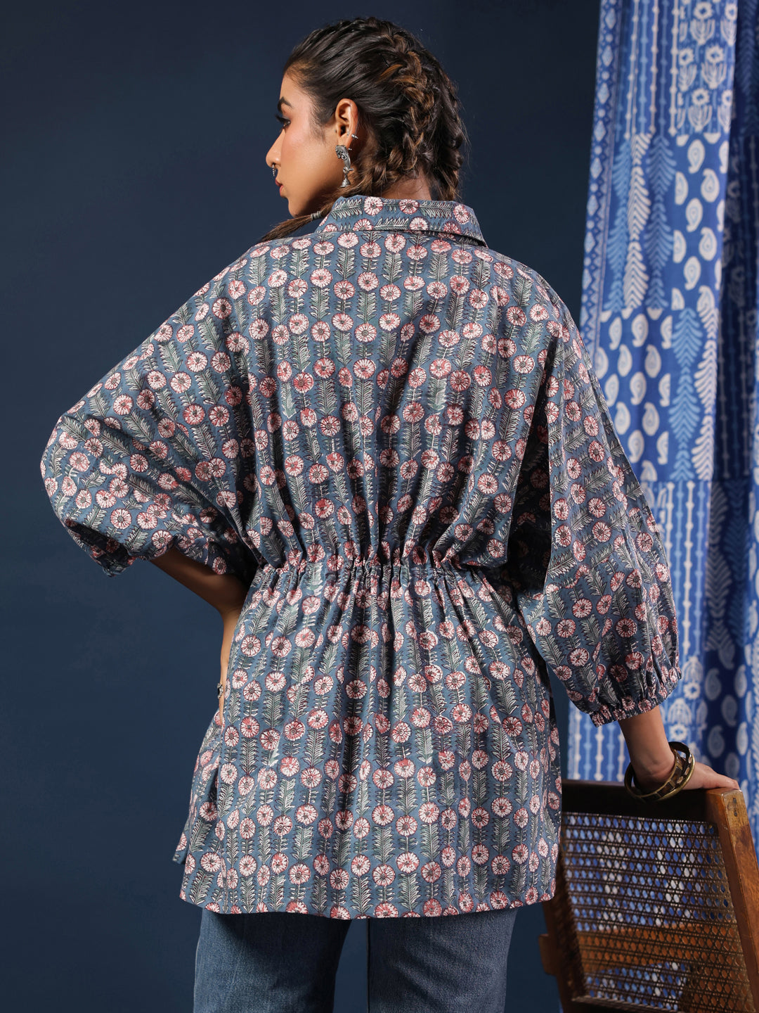 Blue Handblock Printed Shirt Style Kaftan Top