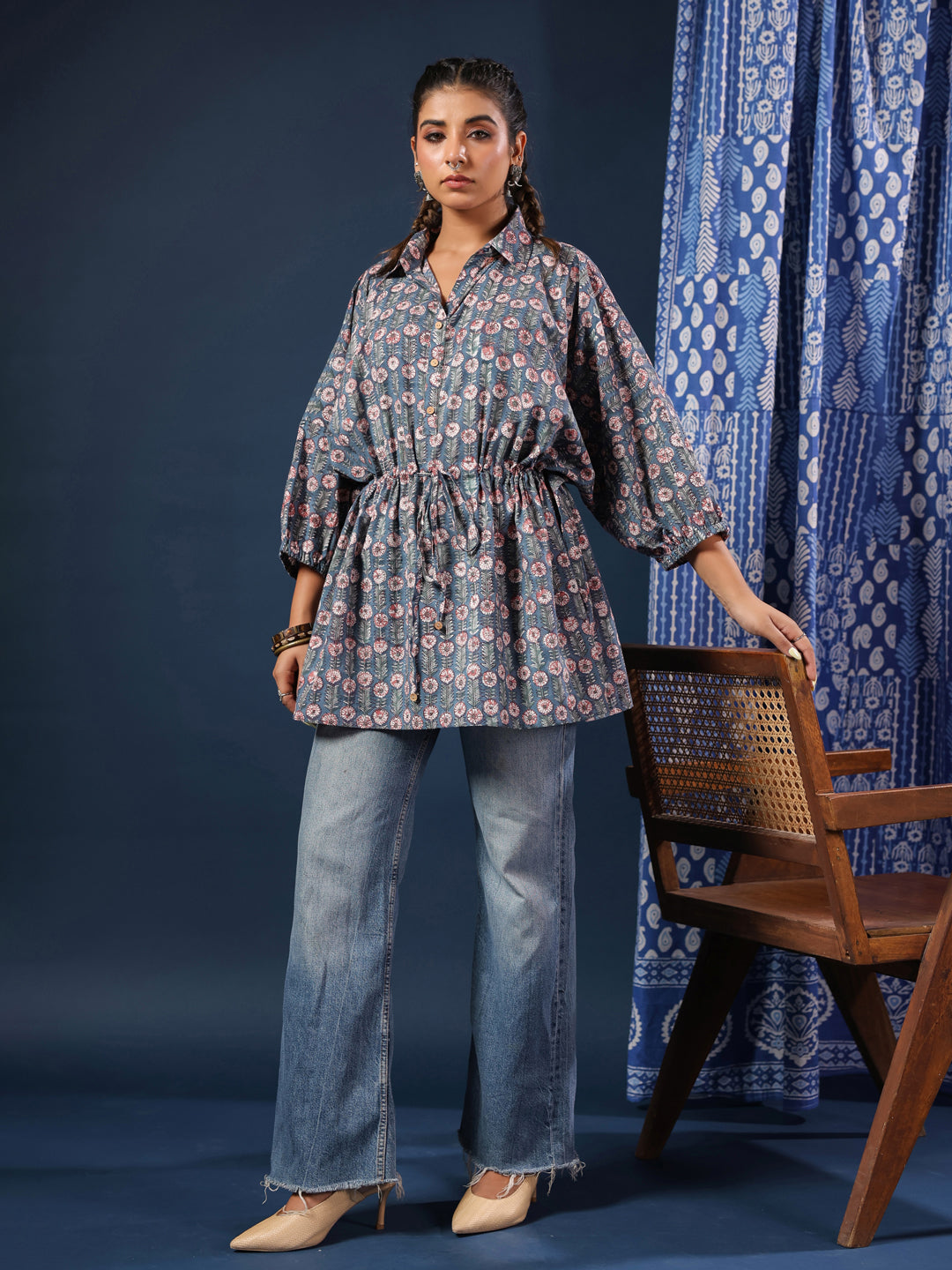 Blue Handblock Printed Shirt Style Kaftan Top